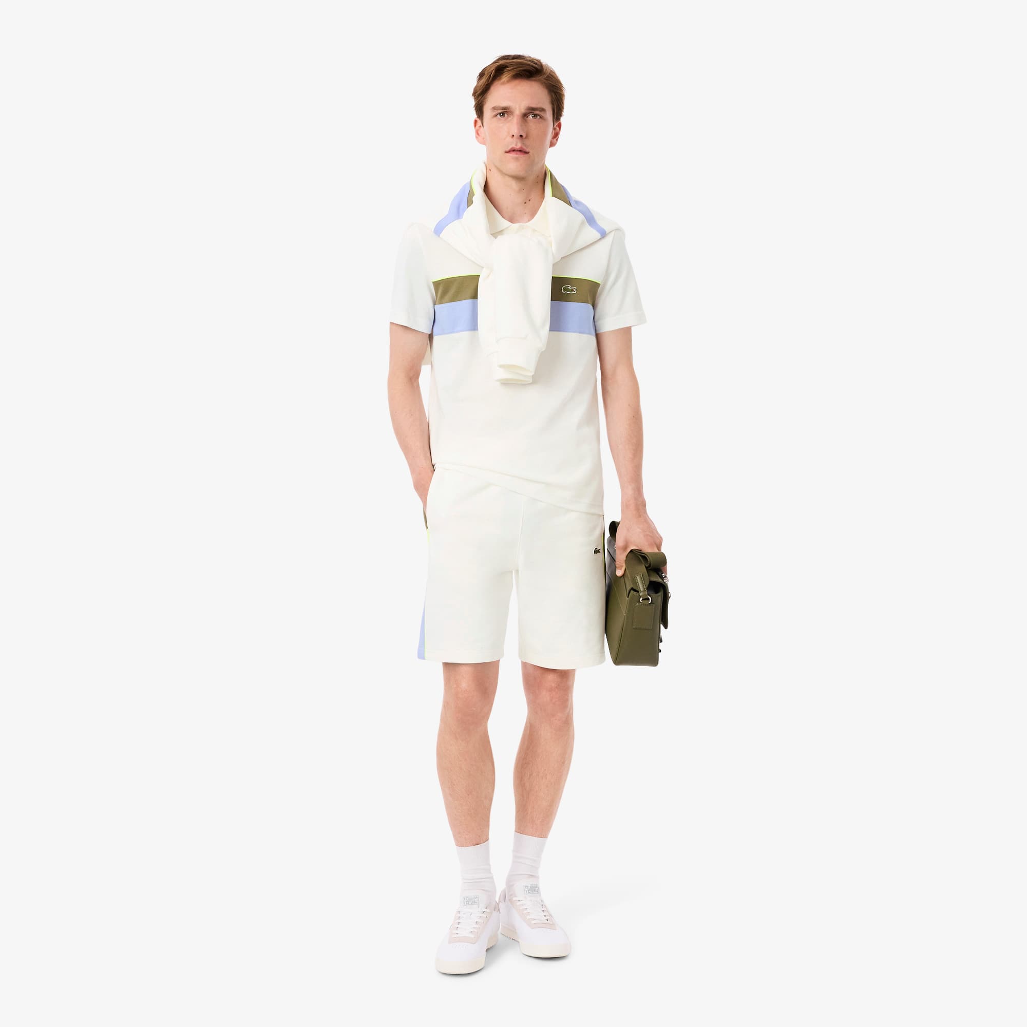 Men's Colorblock Fleece Shorts - White / Khaki Green / Purple