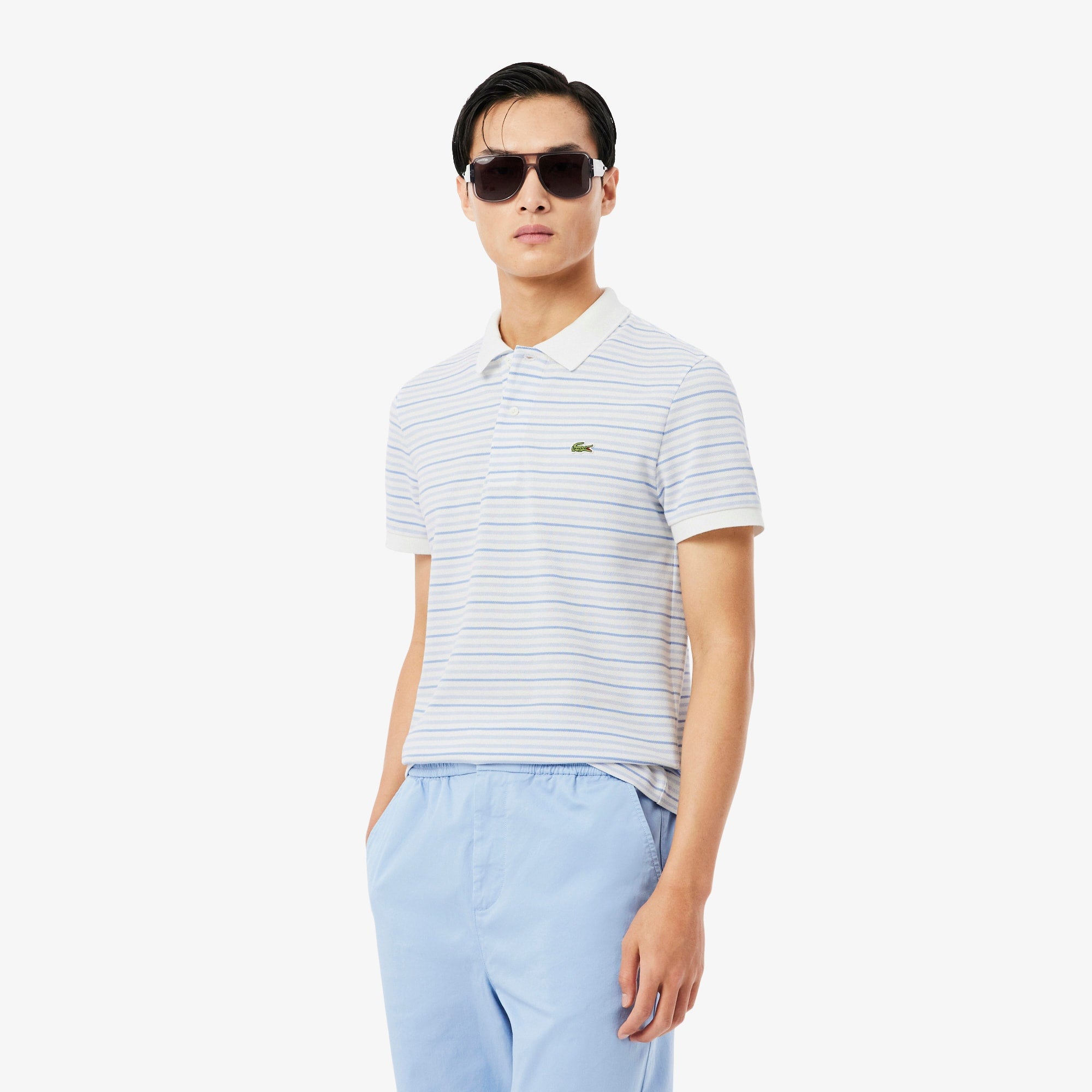 Classic Fit Striped Petit Piqué Polo - Light Blue / White