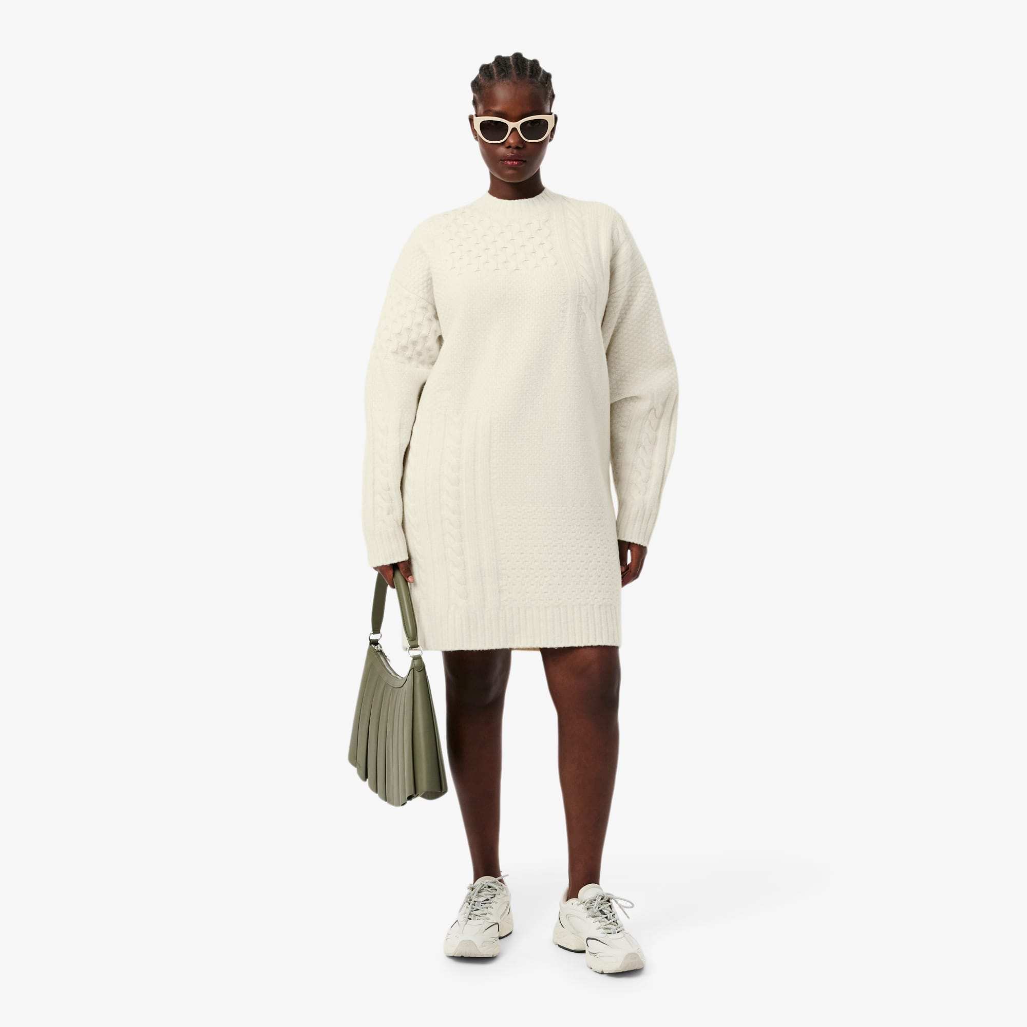 Women's Patchwork Effect Wool Sweater Dress - Cream