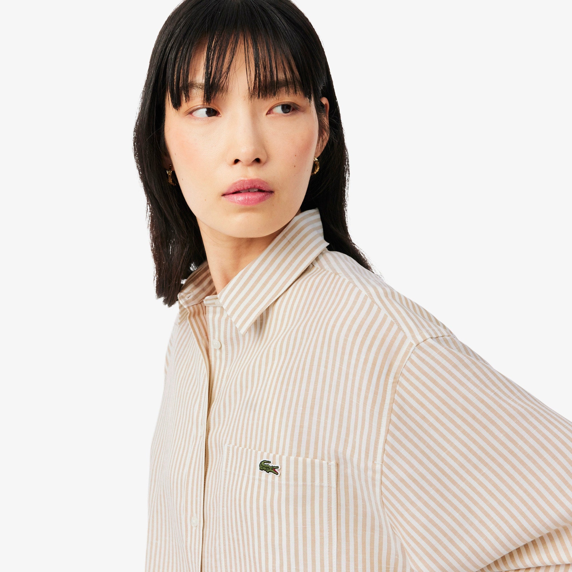 Oversized Linen Blend Shirt - Beige / Blanc