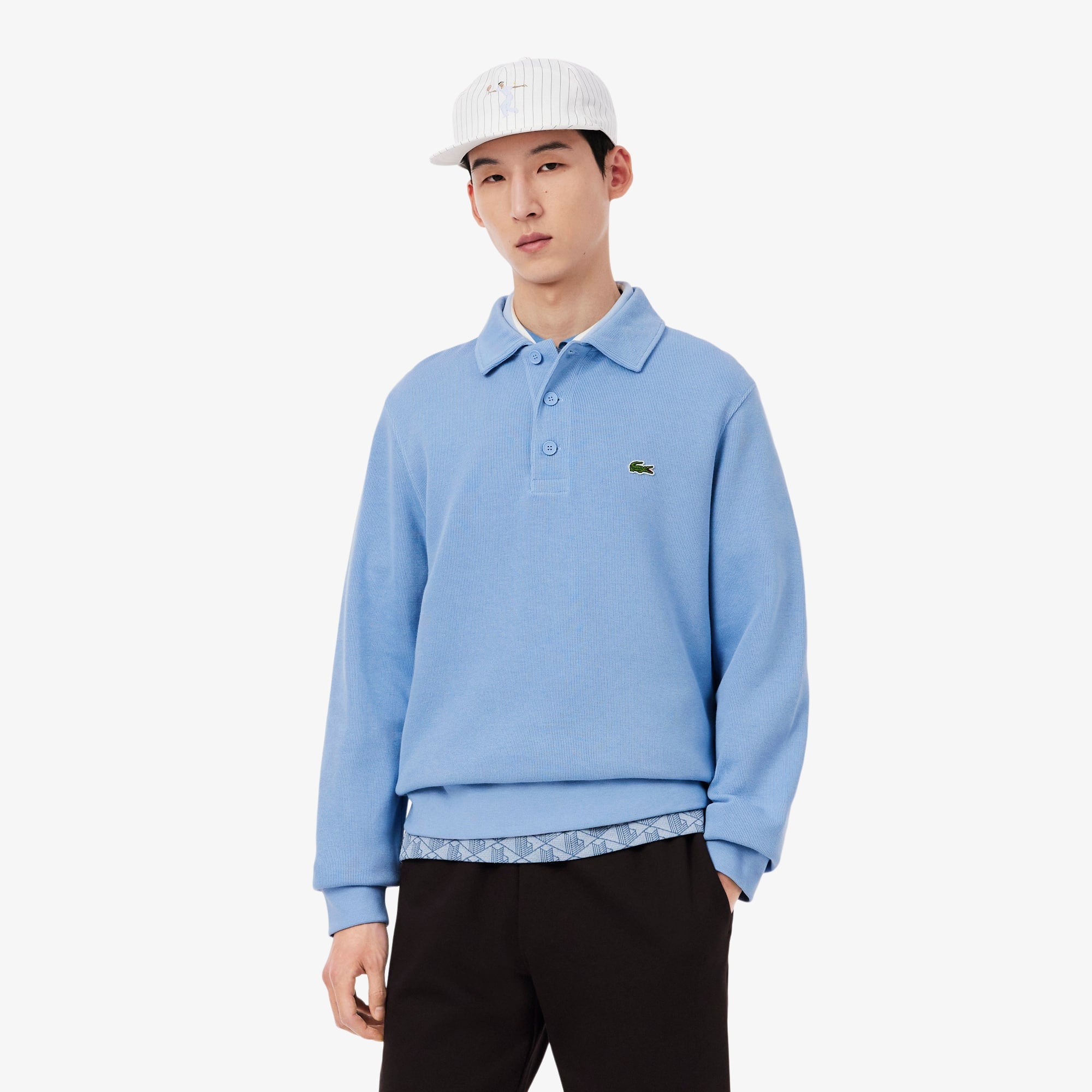 Men's Ribbed Cotton Polo Collar Sweatshirt - Light Blue