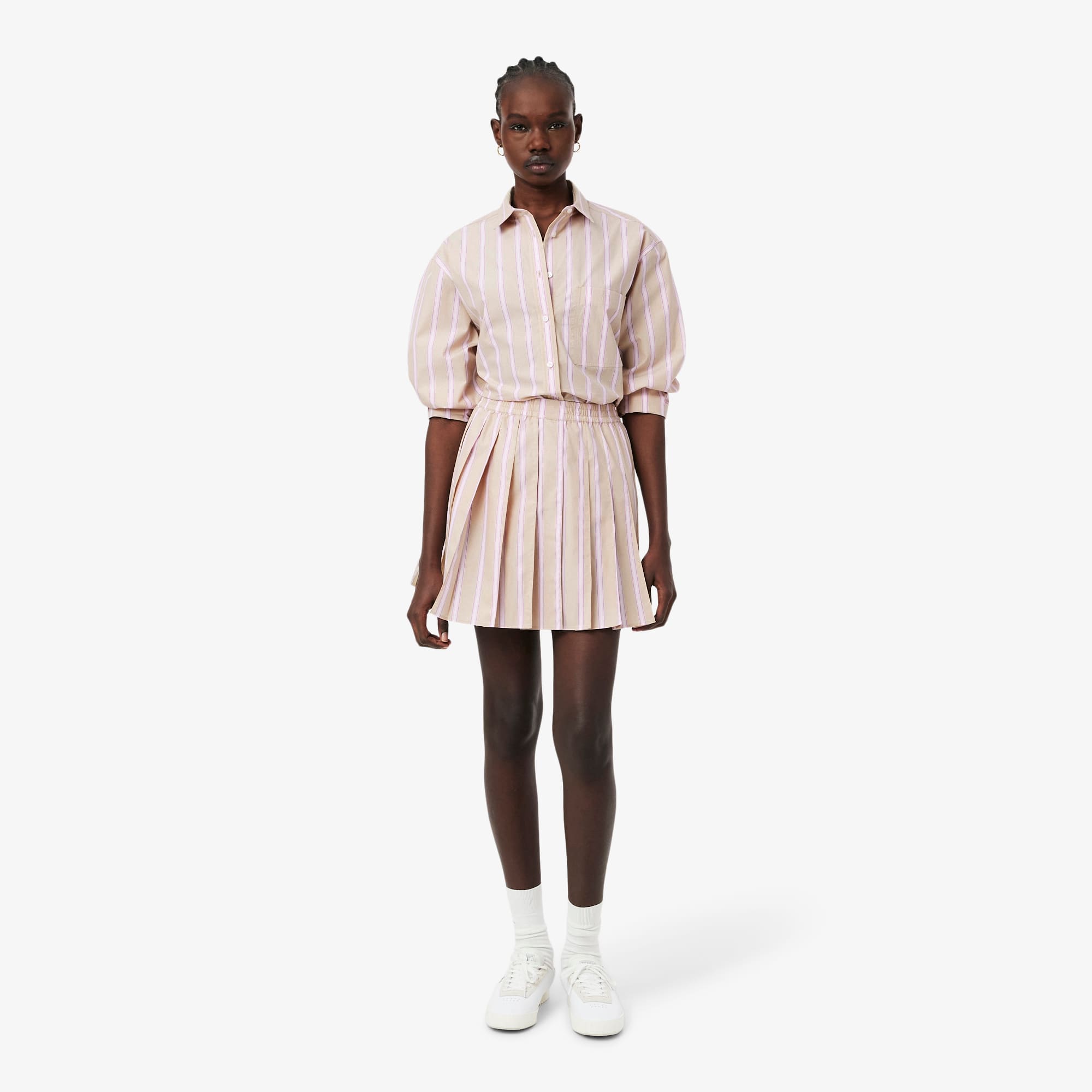Poplin Short Striped Pleated Skirt - Beige / Rose / Blanc / Bleu Marine