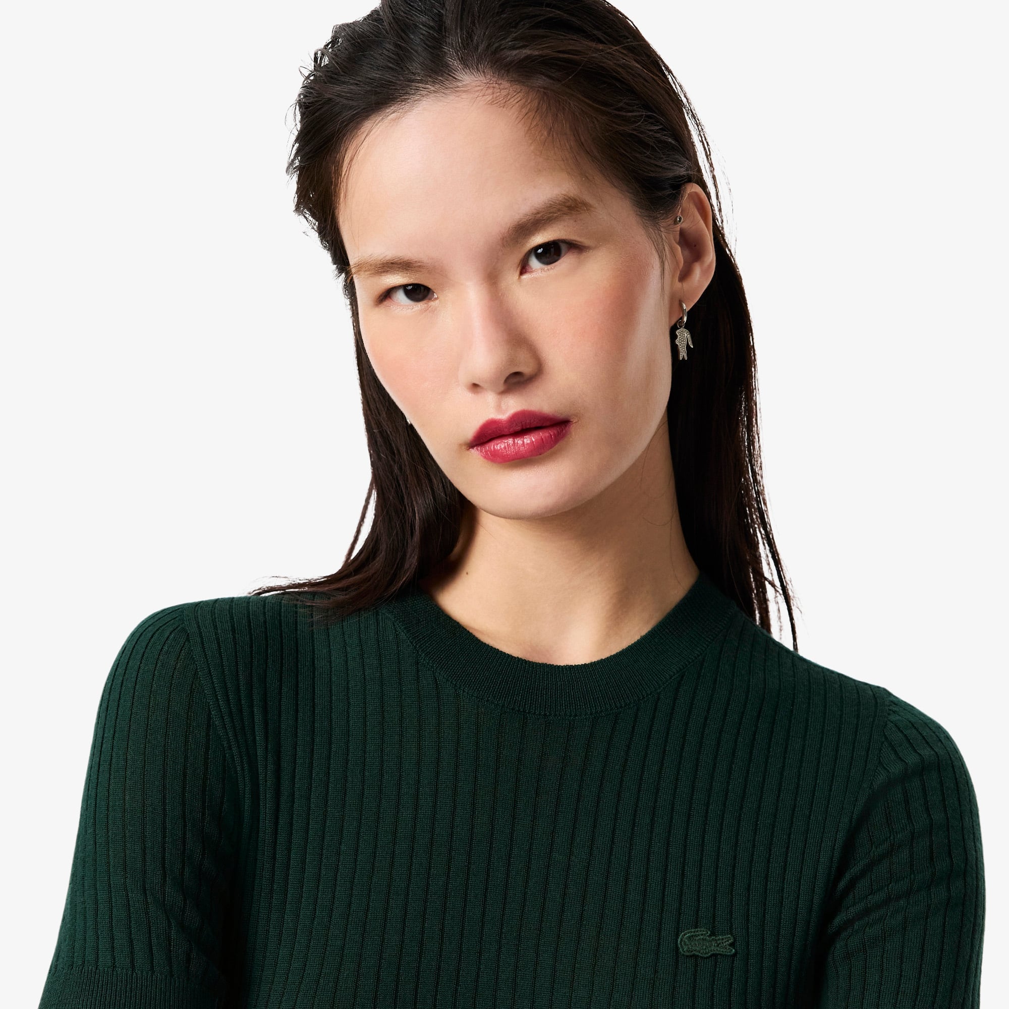 Women's Short Sleeve Merino Wool Rib Knit Sweater - Forest green