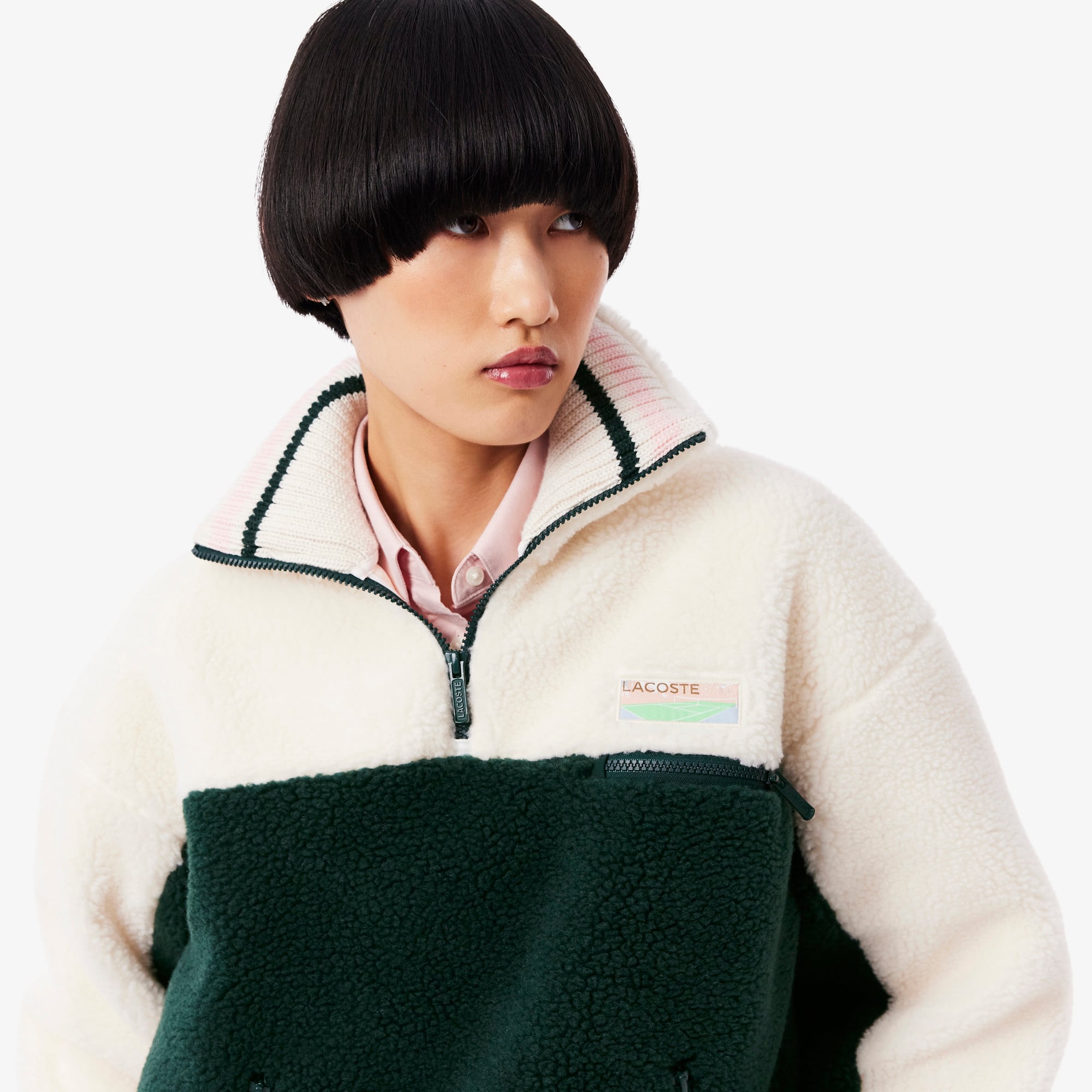 Women's High-Neck Oversized Fleece Sweatshirt - Green / White