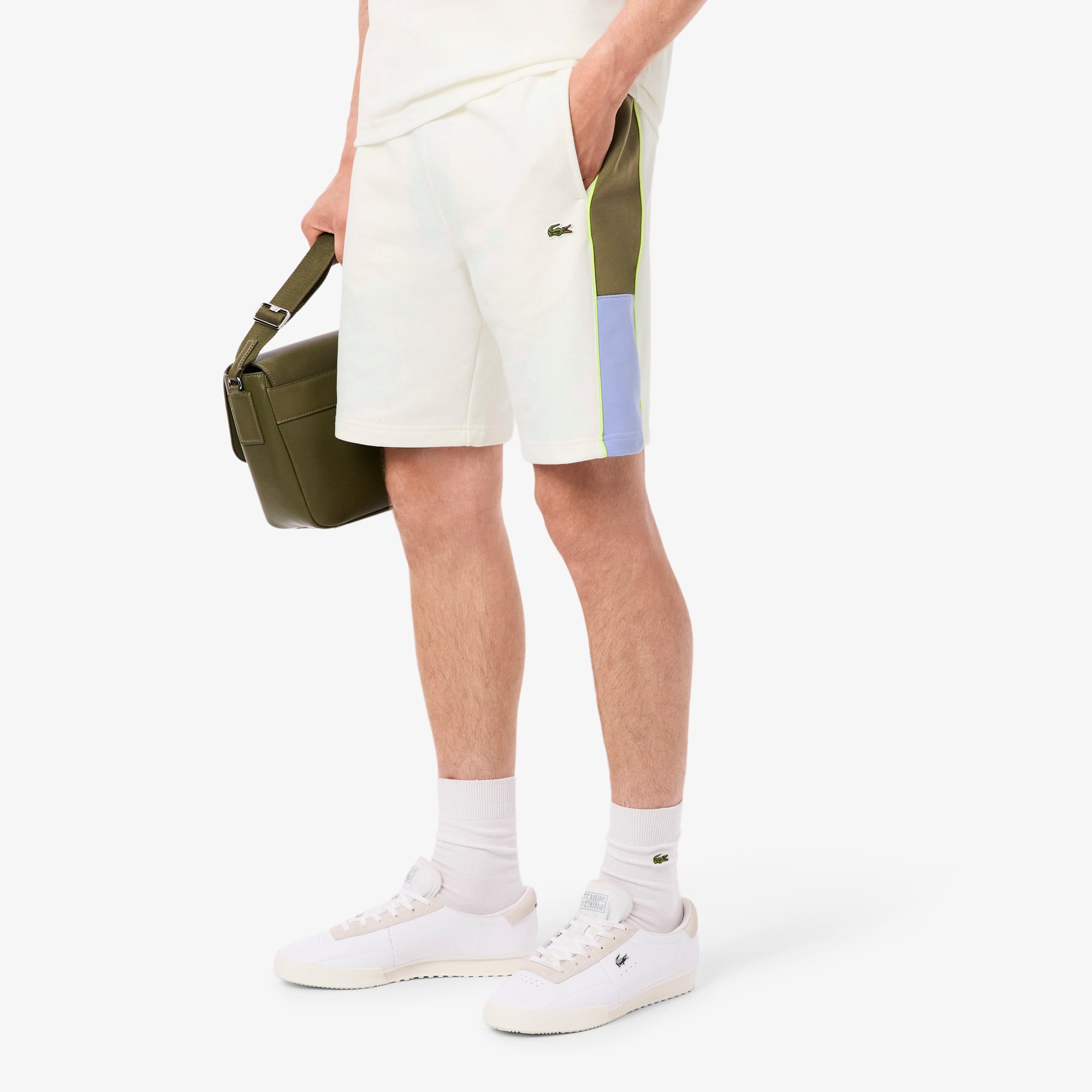 Men's Colorblock Fleece Shorts - White / Khaki Green / Purple