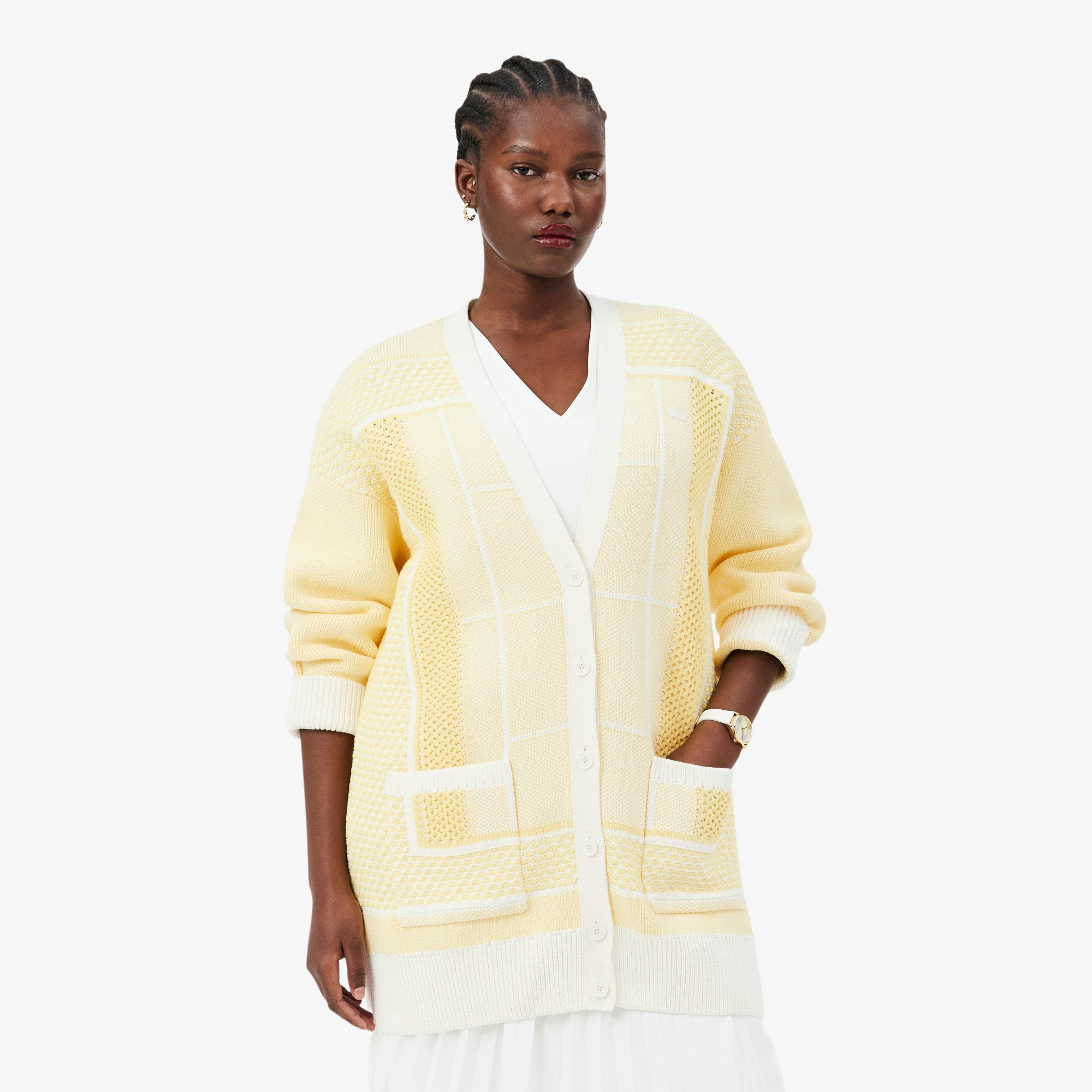 Tennis Court Long Cardigan - Blanc / Jaune