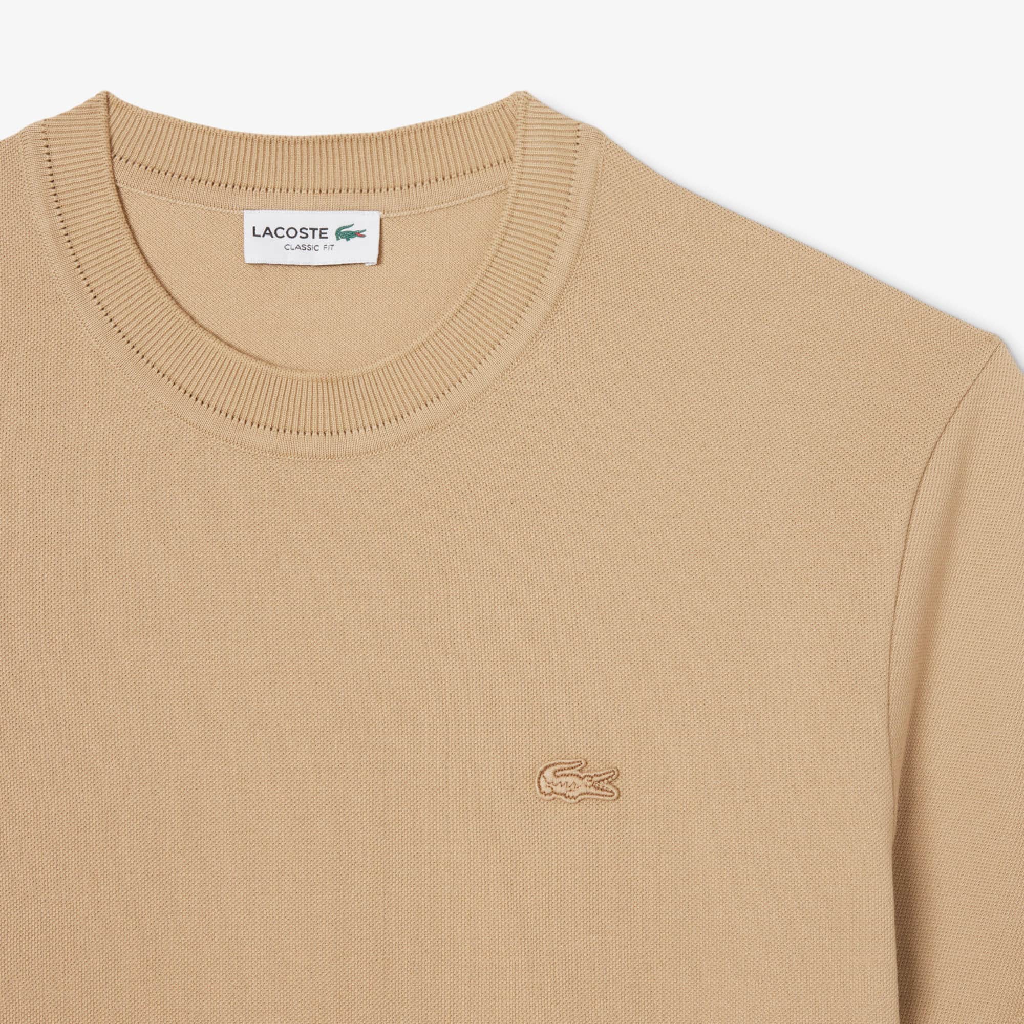 Men's Ribbed Neck Petit Piqué T-Shirt - Beige