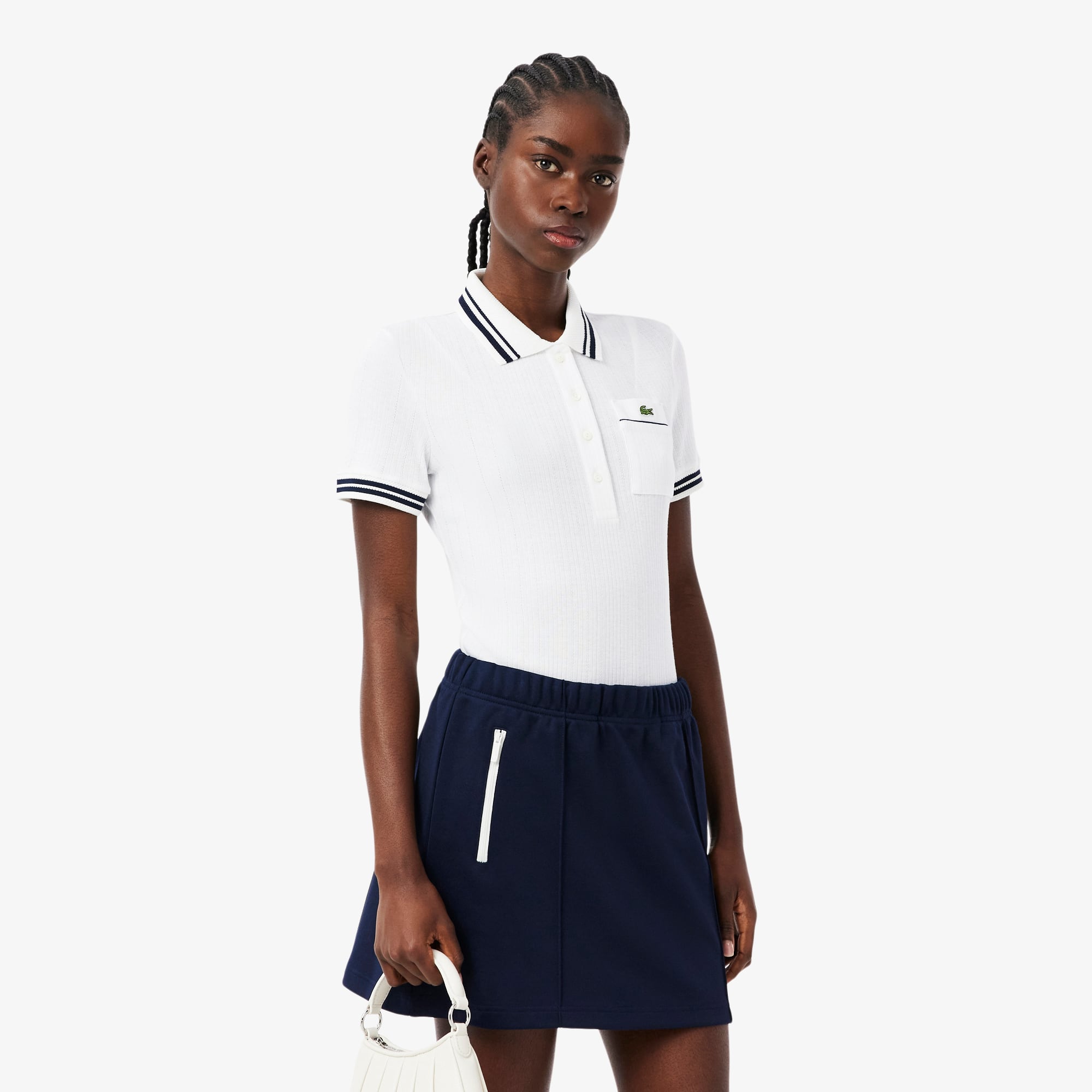 Slim Fit French Made Ribbed Polo - White / Navy Blue