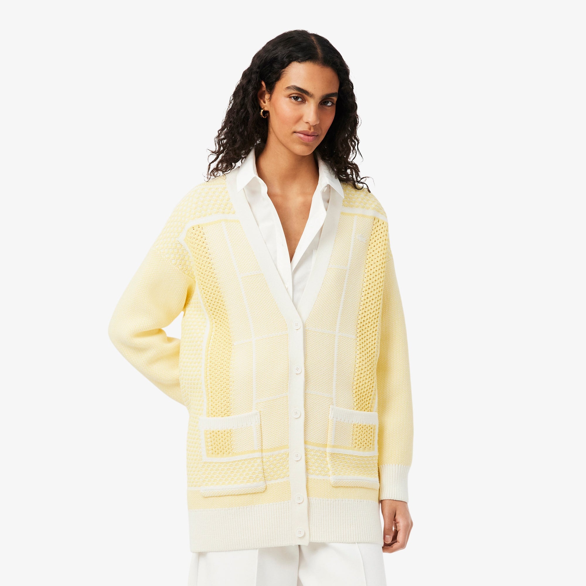 Tennis Court Long Cardigan - Blanc / Jaune