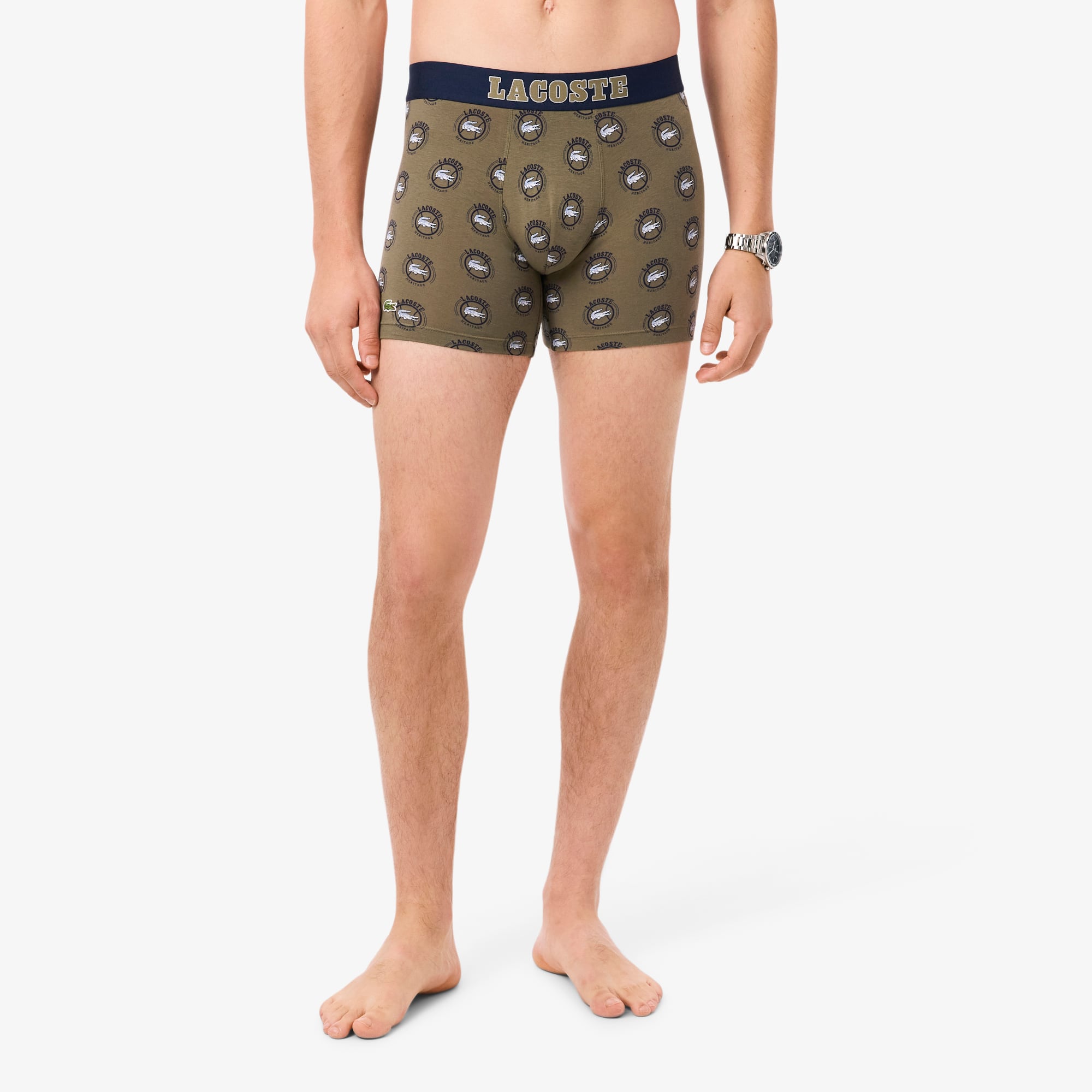 Men's Printed Stretch Cotton Boxer Briefs - Vert Kaki / Bleu Marine / Blanc