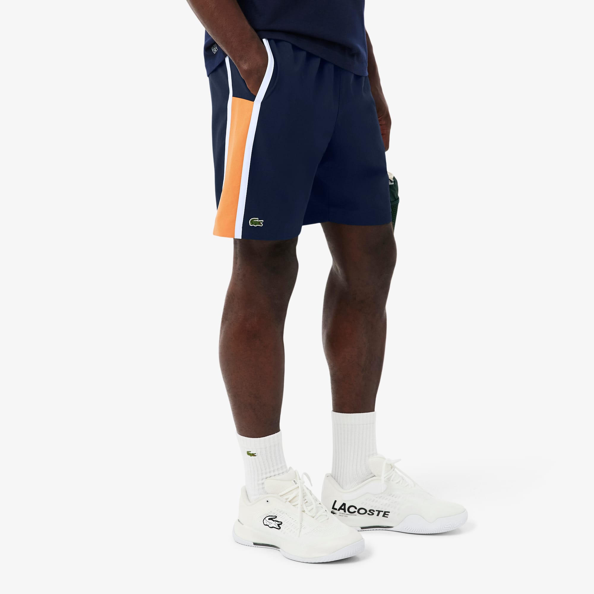 Men's Lightweight Colorblock Stripe Tennis Shorts - Navy Blue / Orange / White
