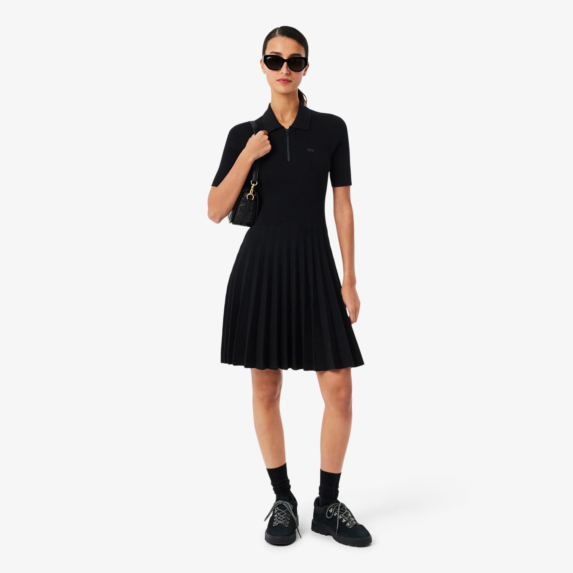 Women's Pleated Polo Collar Dress - Black