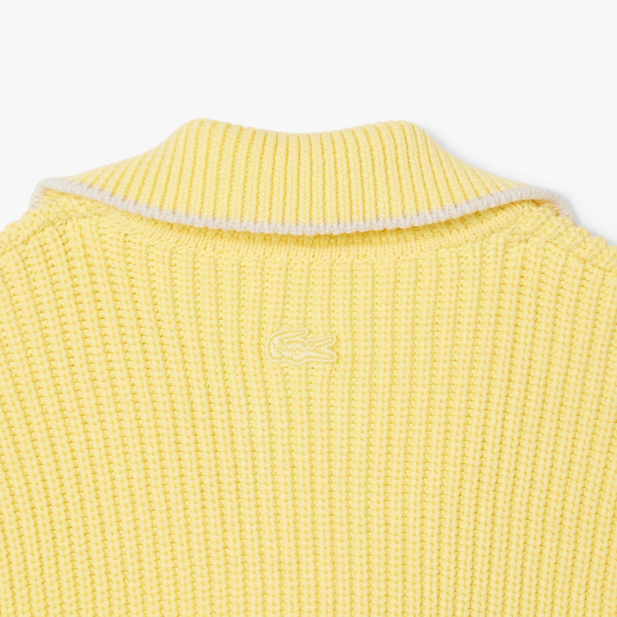 Zipped Cotton Badge Accent Sweater - Pastel yellow