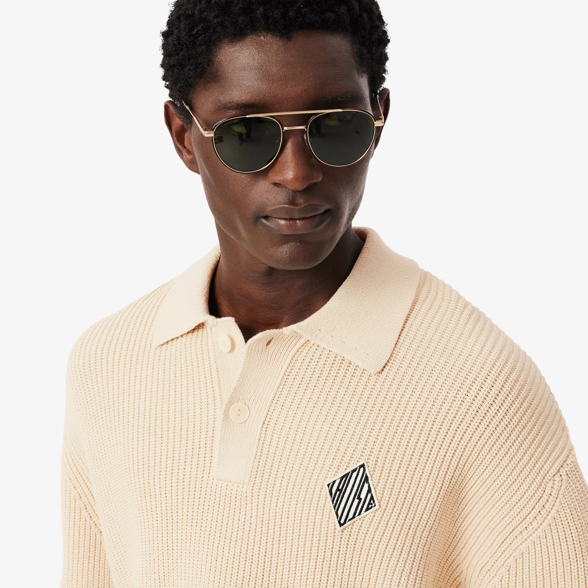 Badge Accent Pearl Rib Polo Collar Sweater - Lemon Beige