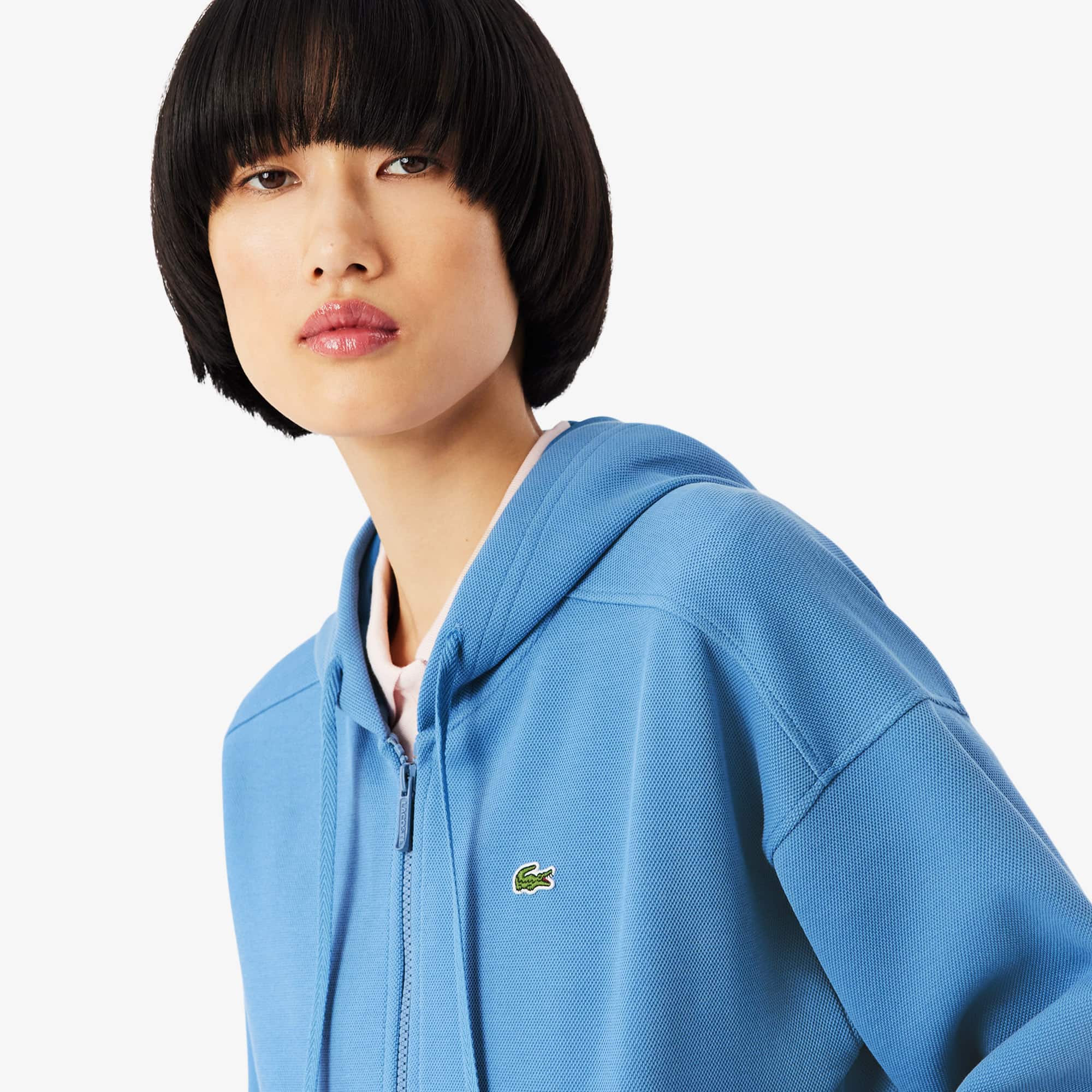 Women's Zip-Up Piqué Hoodie - Blue
