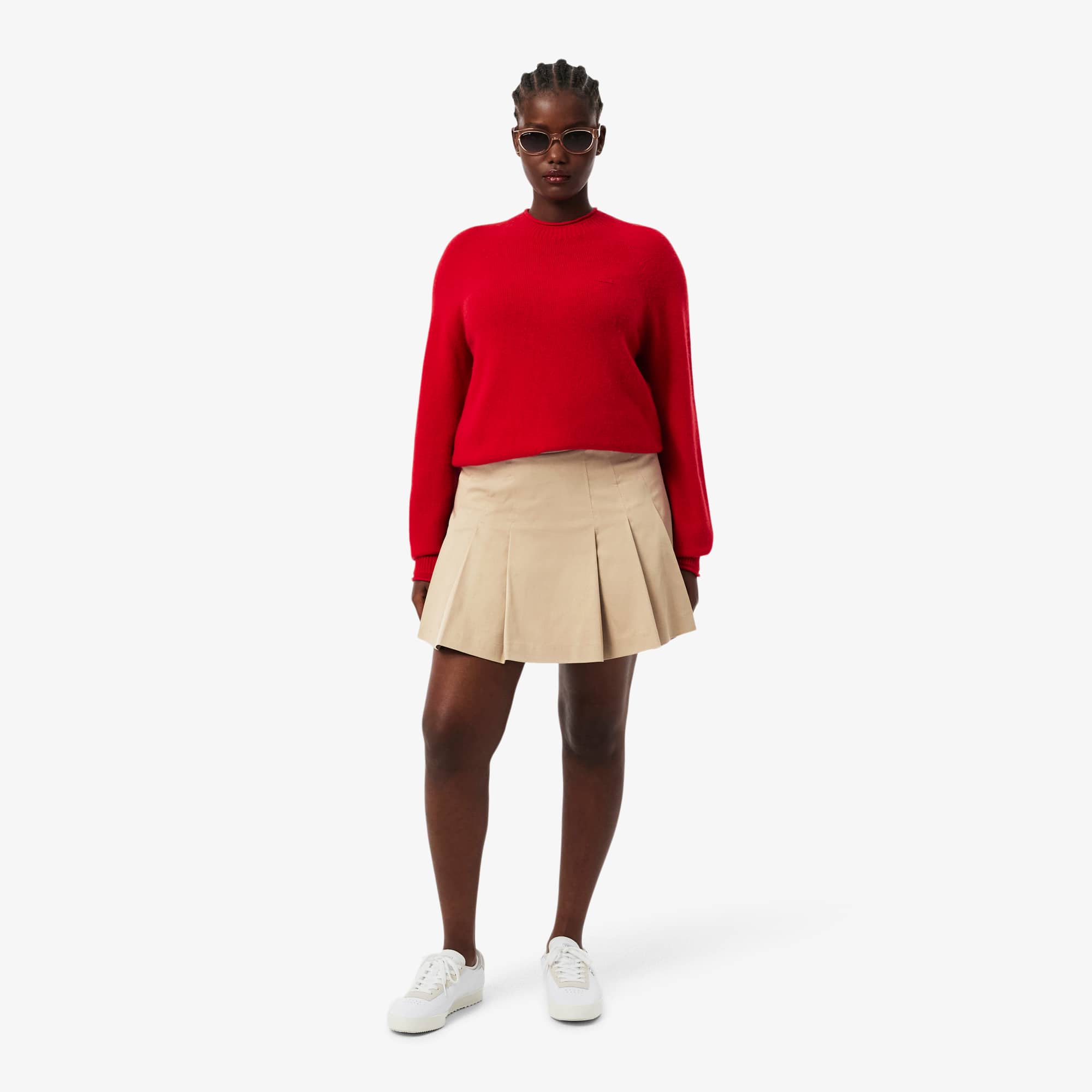 Women's Short Stretch Cotton Pleated Skirt - Beige