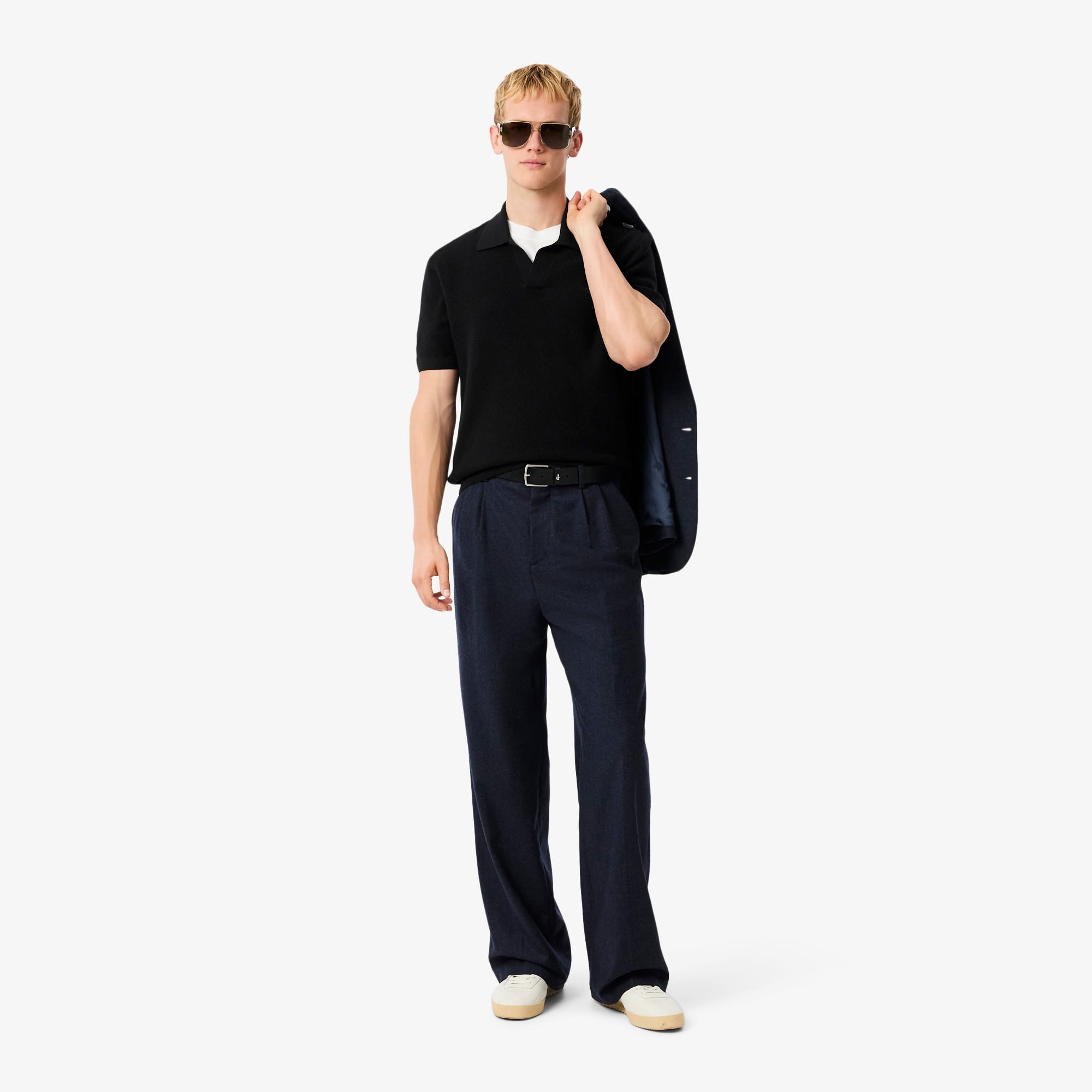 Men's Cotton Blend Open Polo Collar Sweater - Black