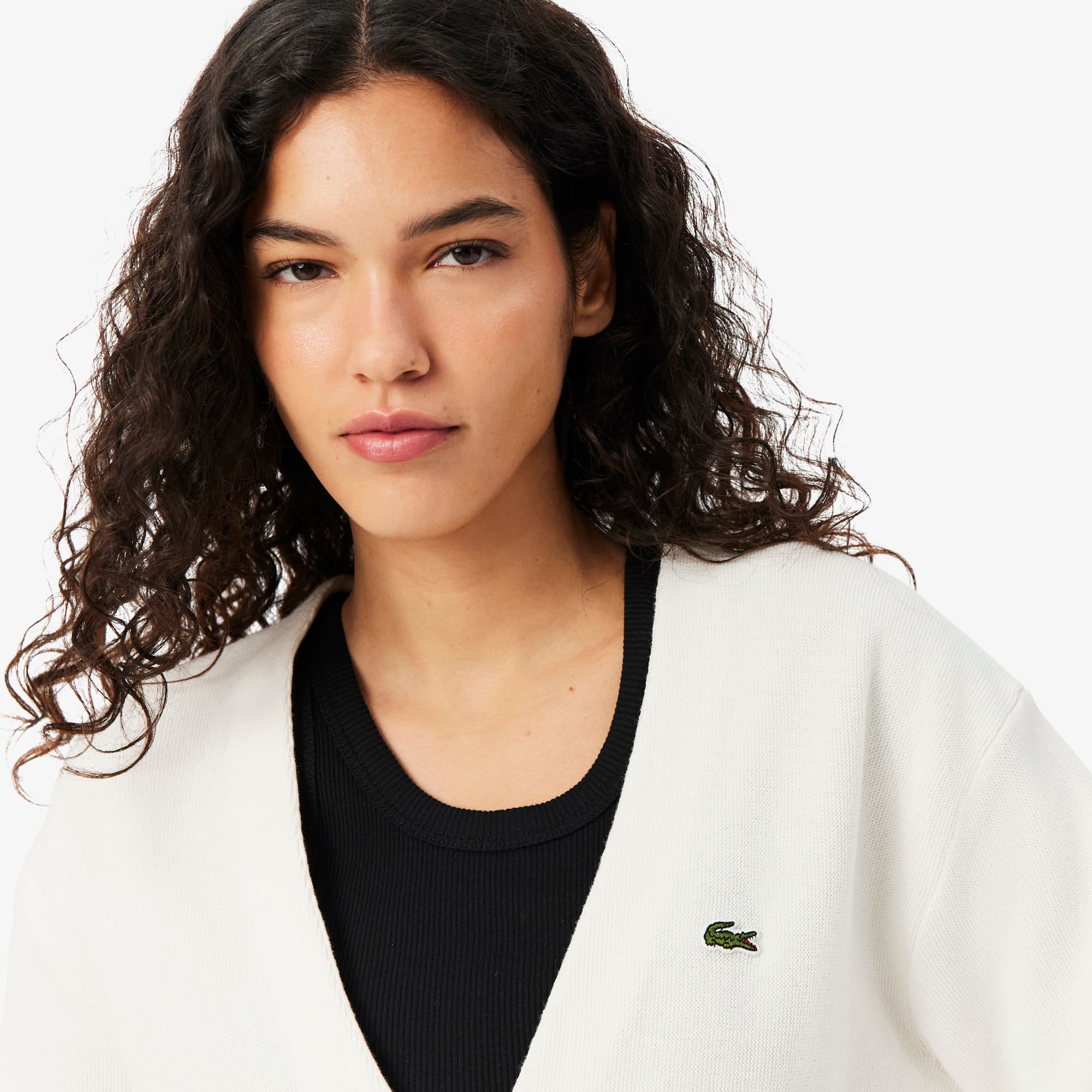 Women's V-Neck Moss Stitch Cotton Cardigan - White
