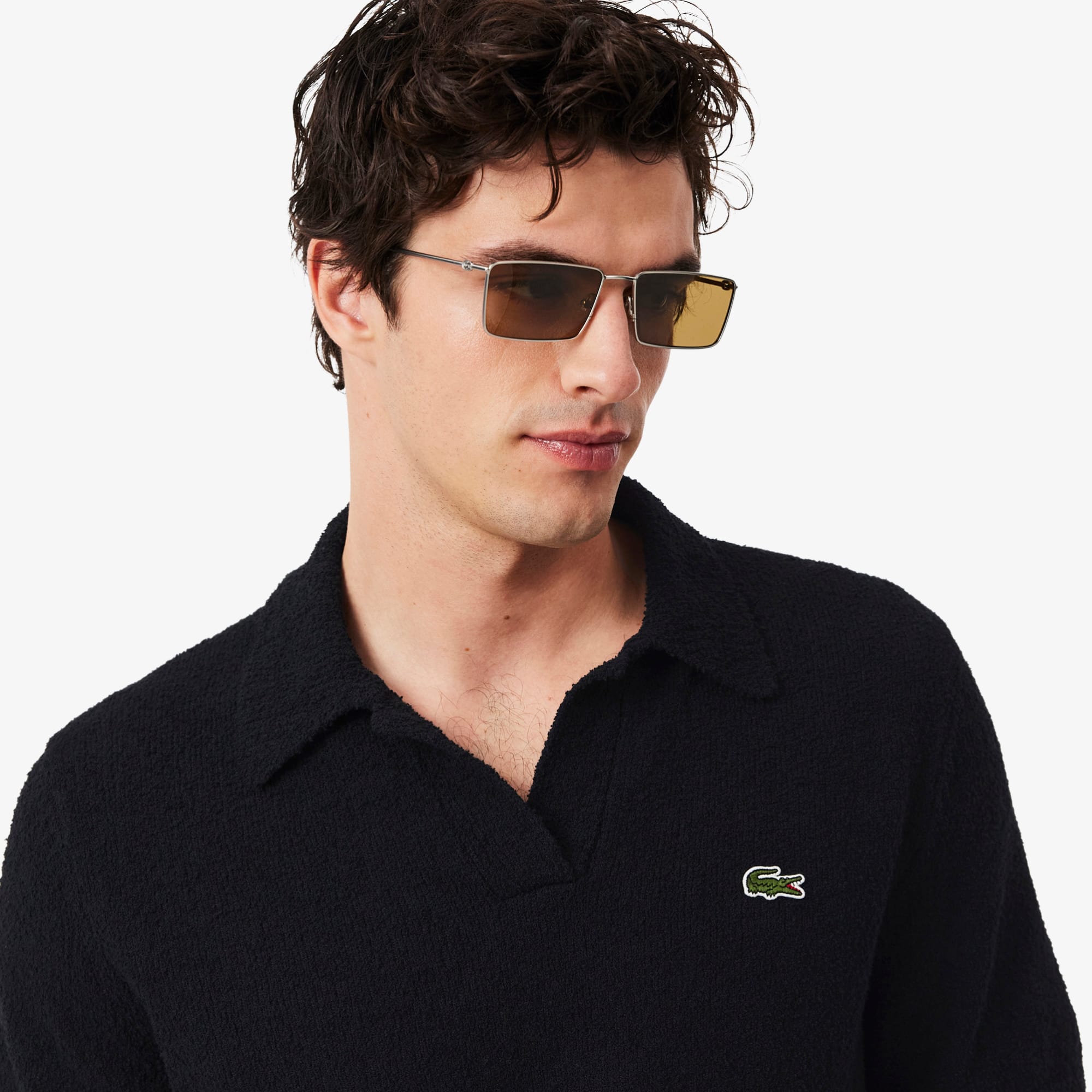 Classic Fit Bouclé Knit Polo - Black