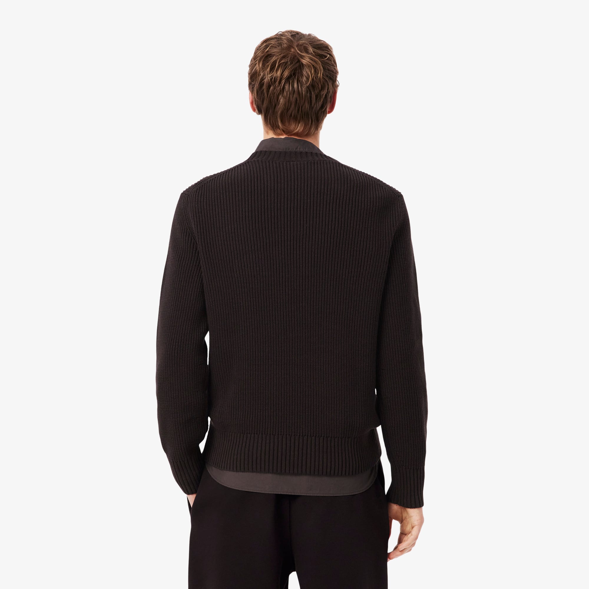 Pearl Rib Knit Badge Accent Sweater - Brown