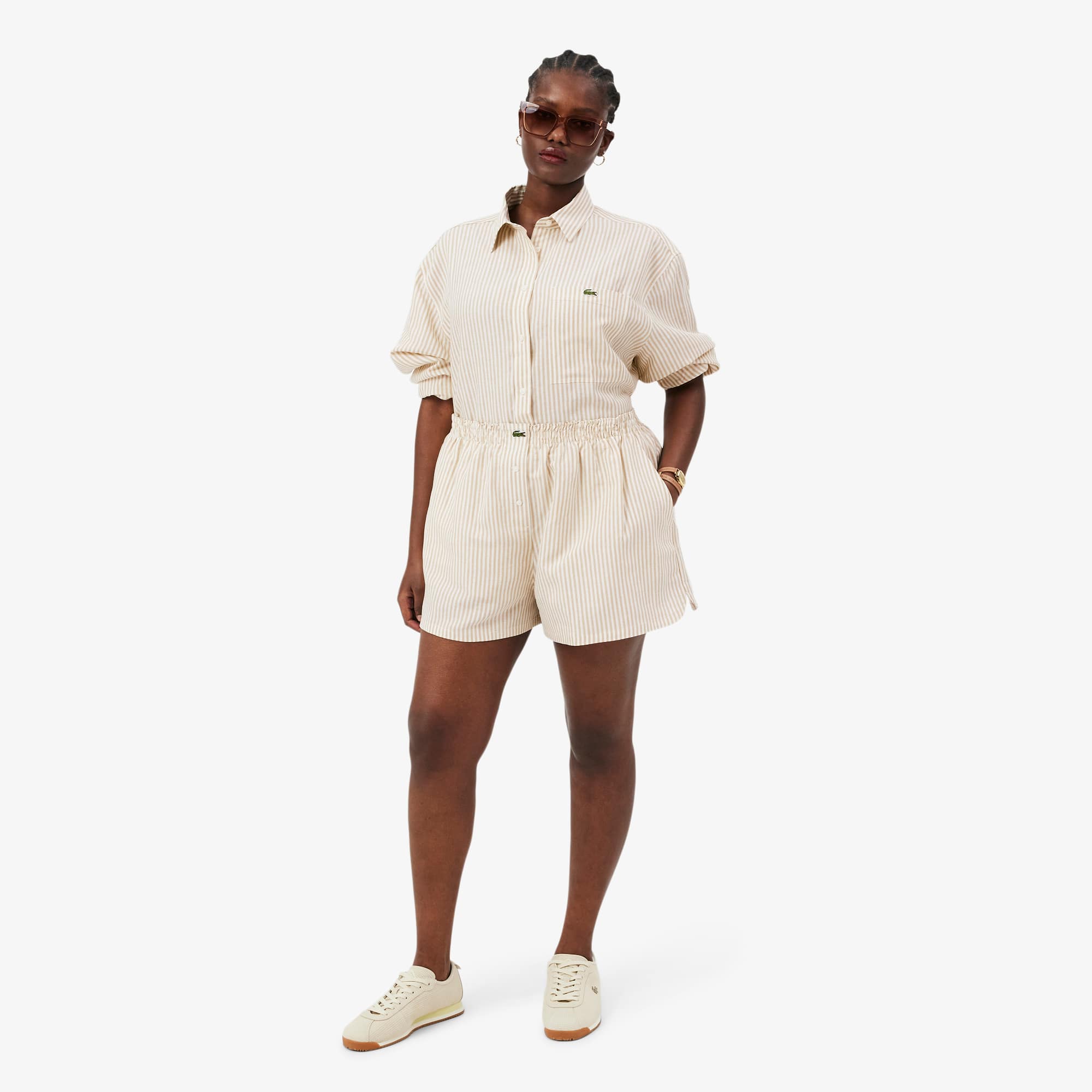 Oversized Linen Blend Shorts - Beige / Blanc