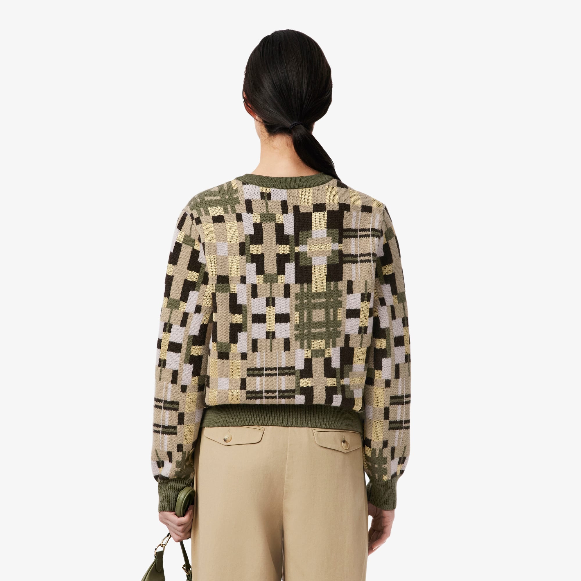 Women's Crew Neck Wool Graphic Sweater - Khaki Green / Beige / Light Pink / Brown / Yellow