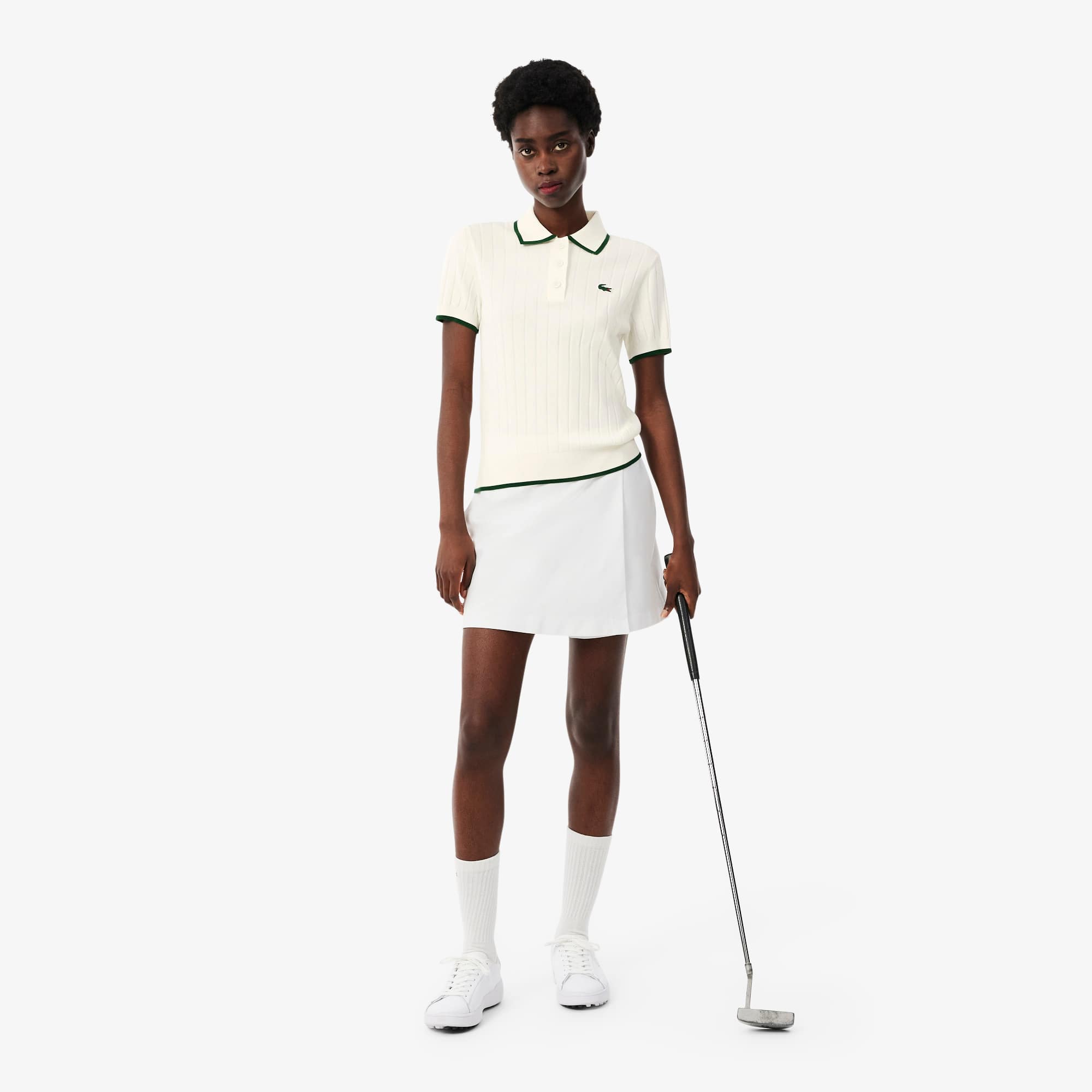 Women's Short Sleeve Polo Collar Golf Sweater - White / Green