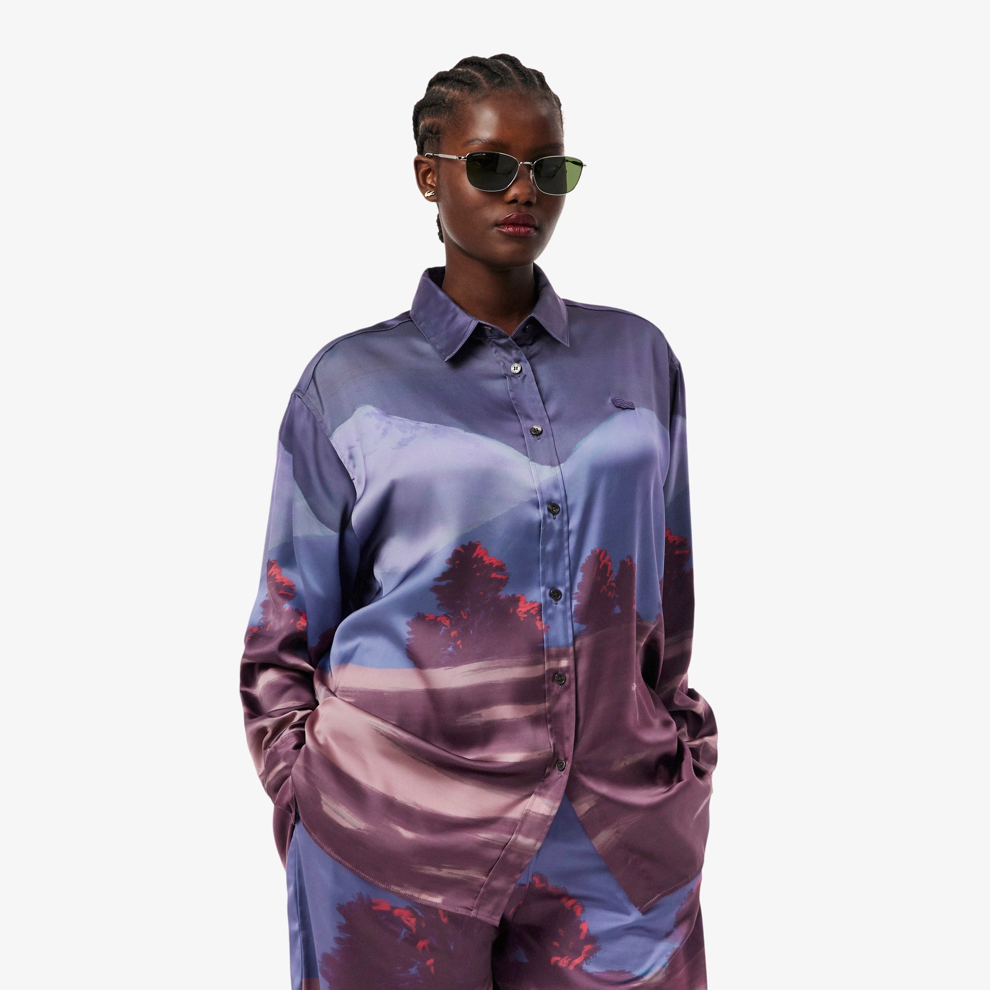 Women's Oversized Landscape Print Satin Shirt - Blue / Brown / Purple / Light Pink