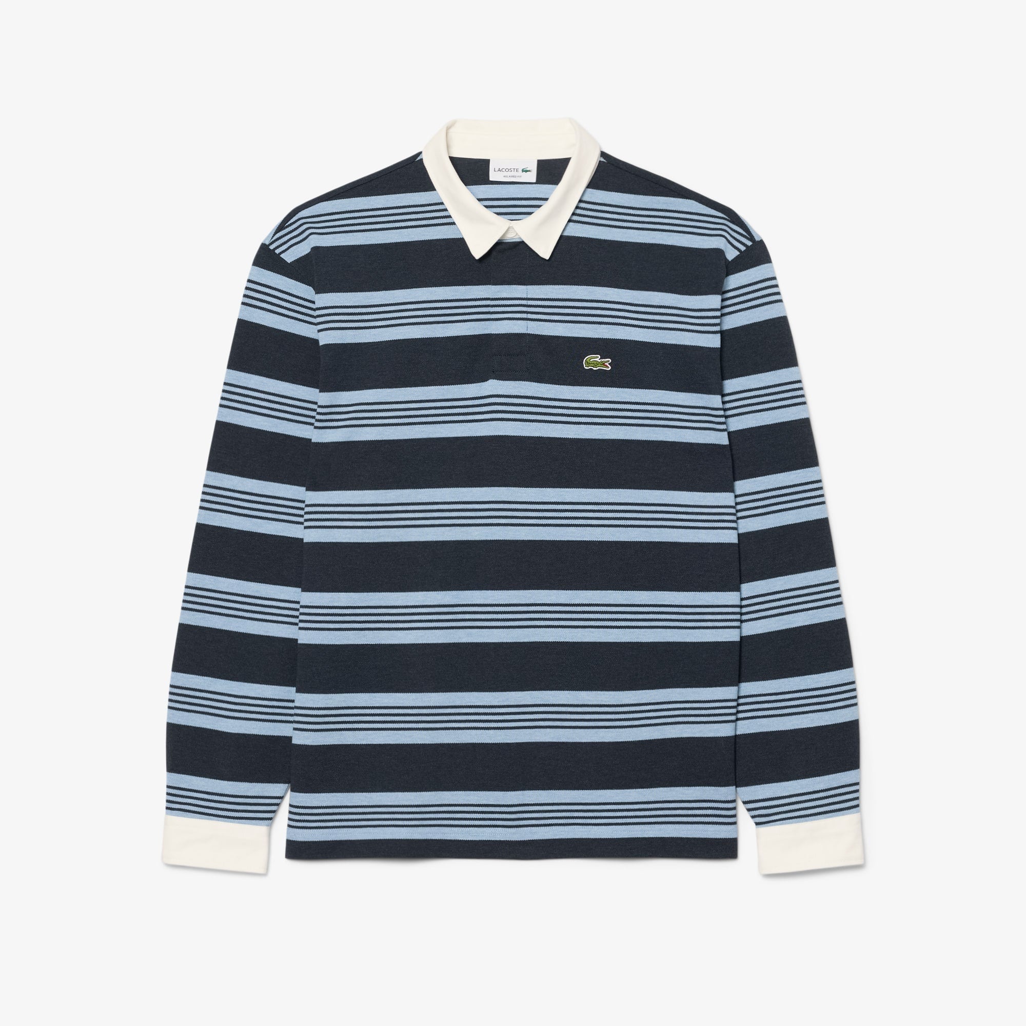 Relaxed Fit Striped Piqué Rugby Polo - Bleu Chine / Gris Chine