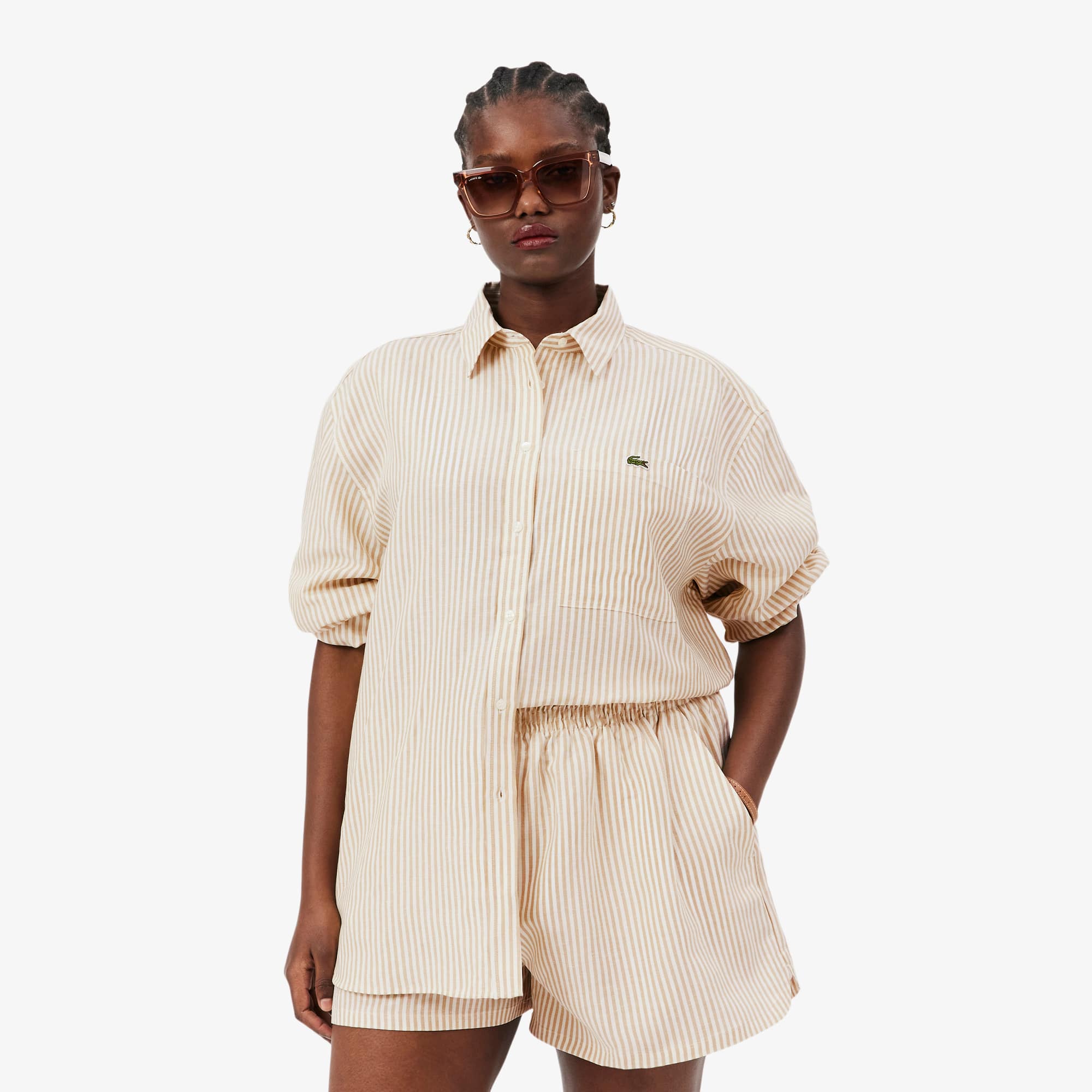 Oversized Linen Blend Shirt - Beige / Blanc