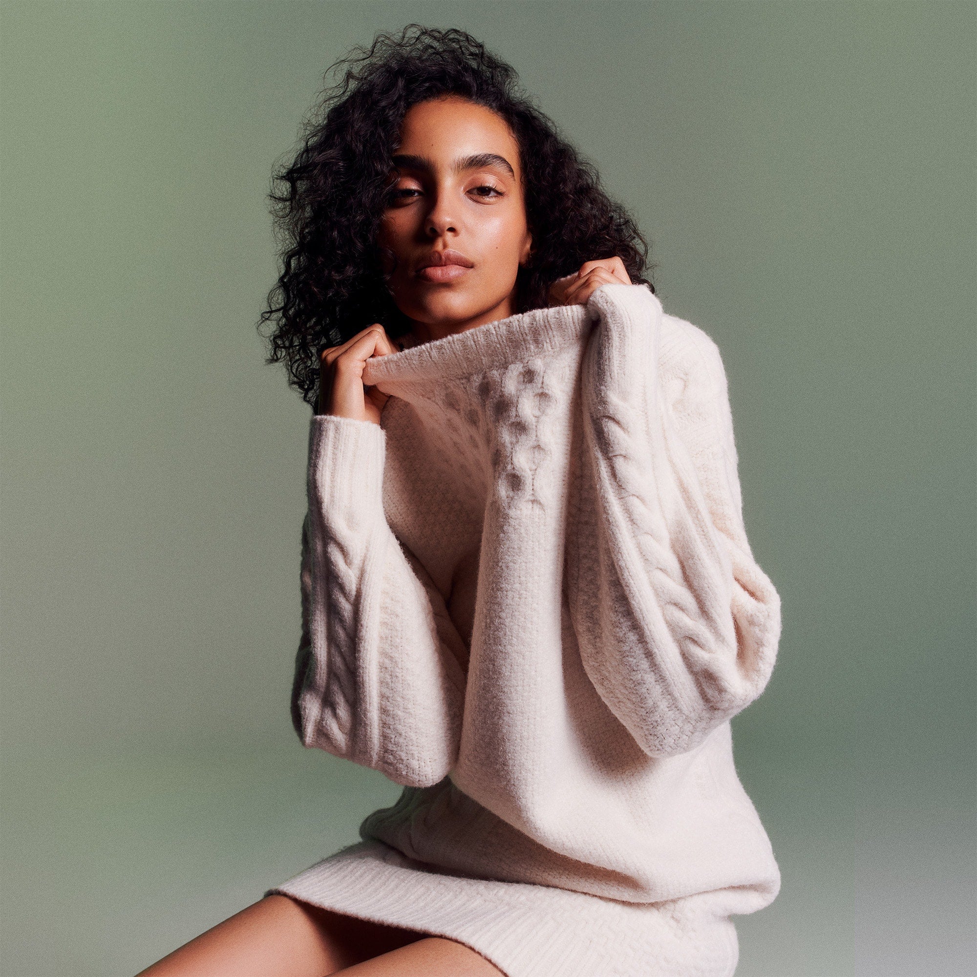 Women's Patchwork Effect Wool Sweater Dress - Cream