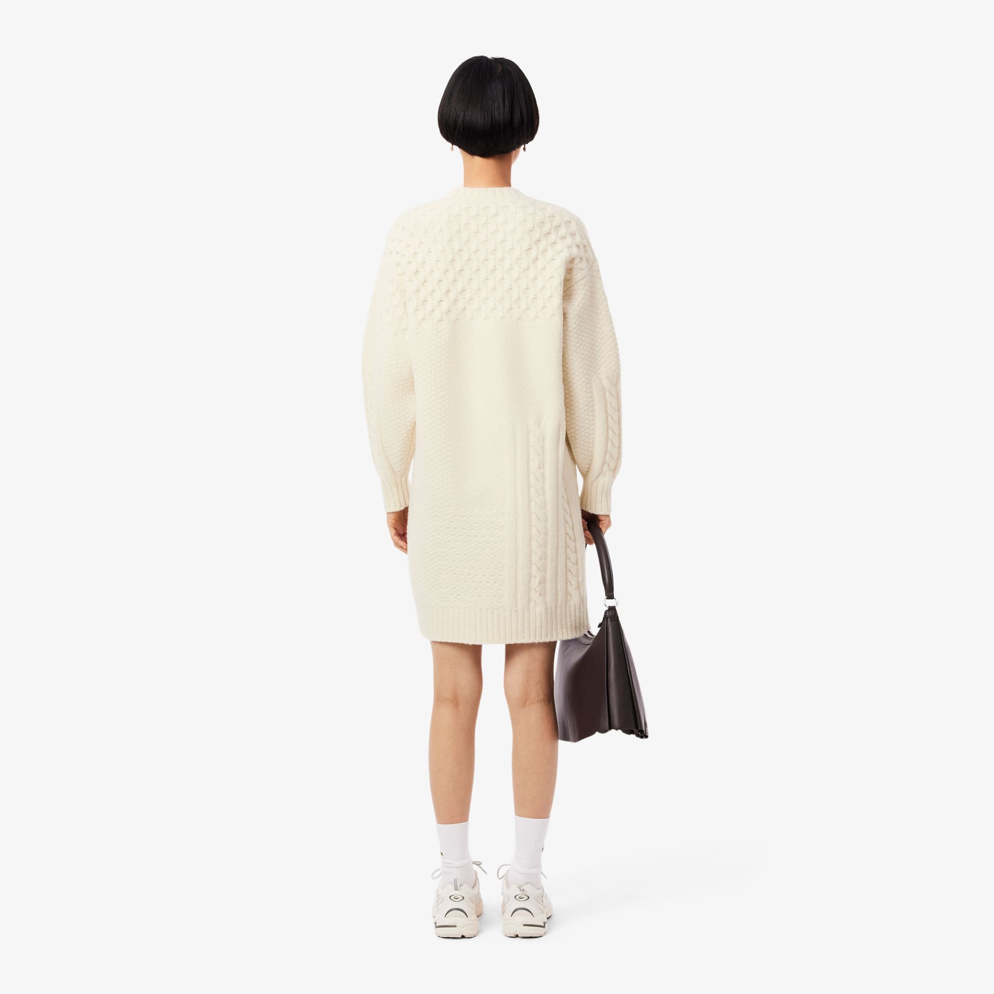 Women's Patchwork Effect Wool Sweater Dress - Cream