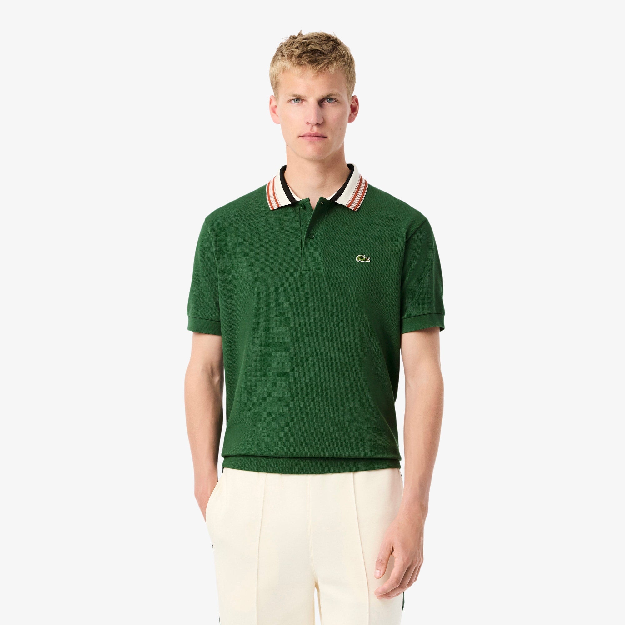 Men's Made In France Classic Fit Stripe Collar Polo - Pine green