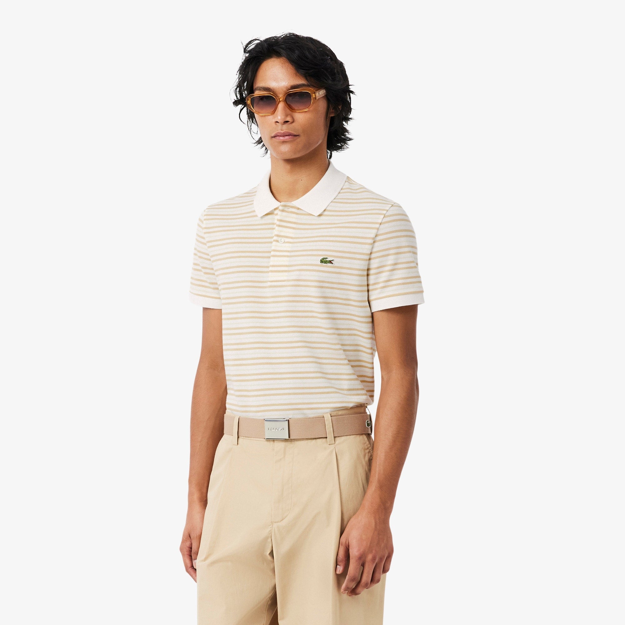 Classic Fit Striped Petit Piqué Polo - Beige / Blanc