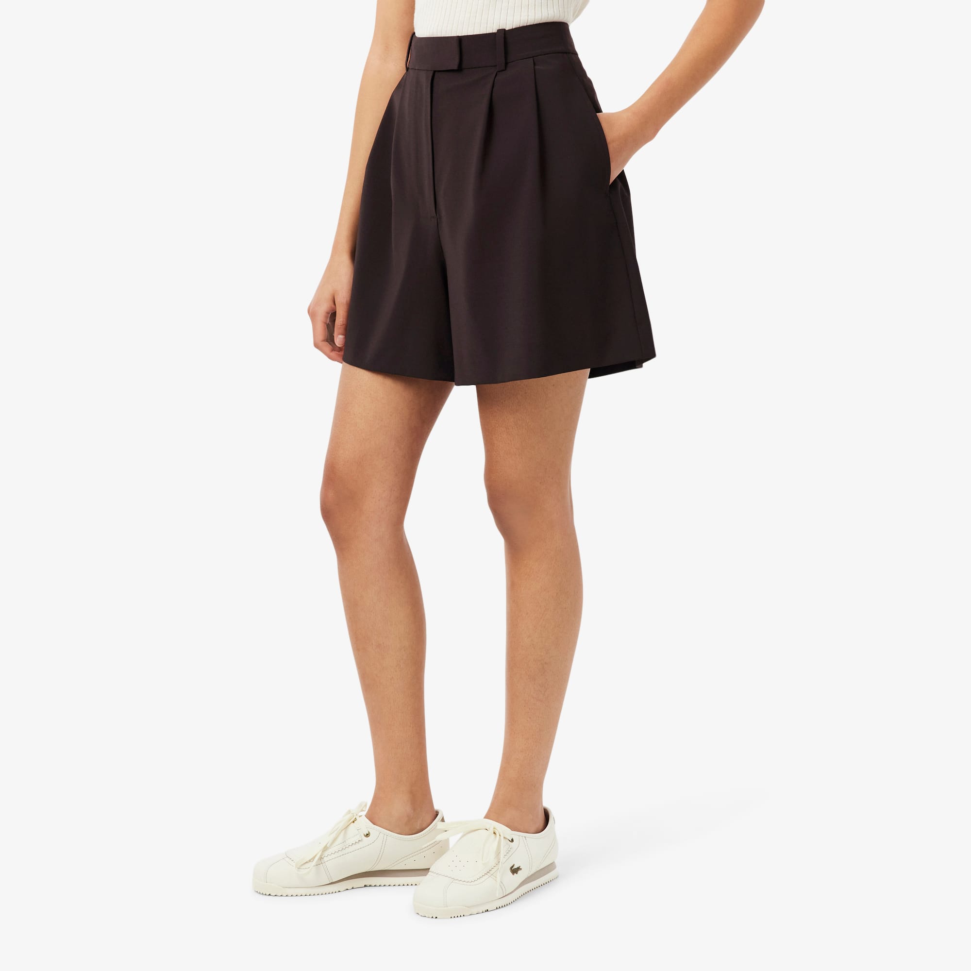 Oversized Wool Blend Pleated Bermuda Shorts - Brown