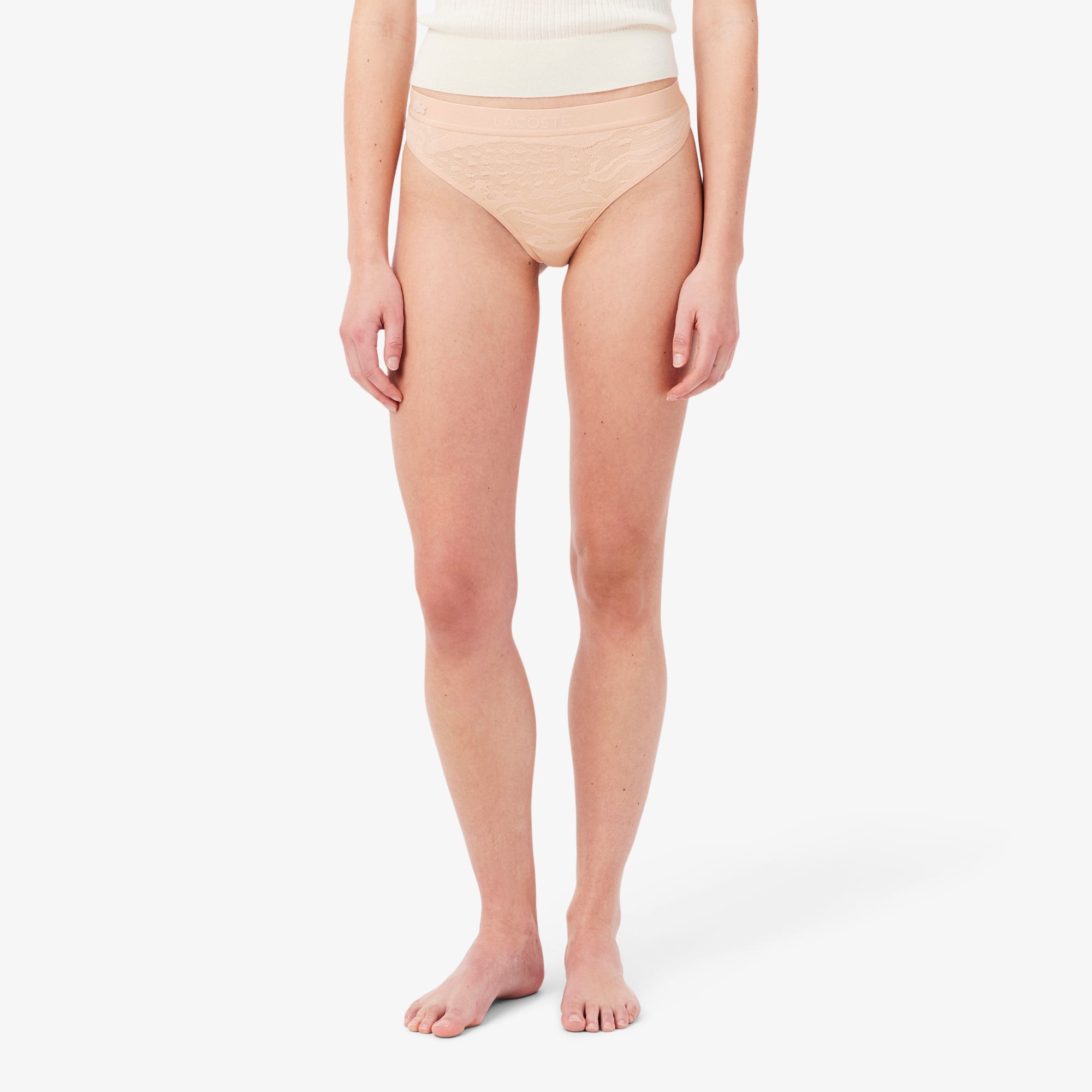 Logo Waist Mesh String Briefs - Beige