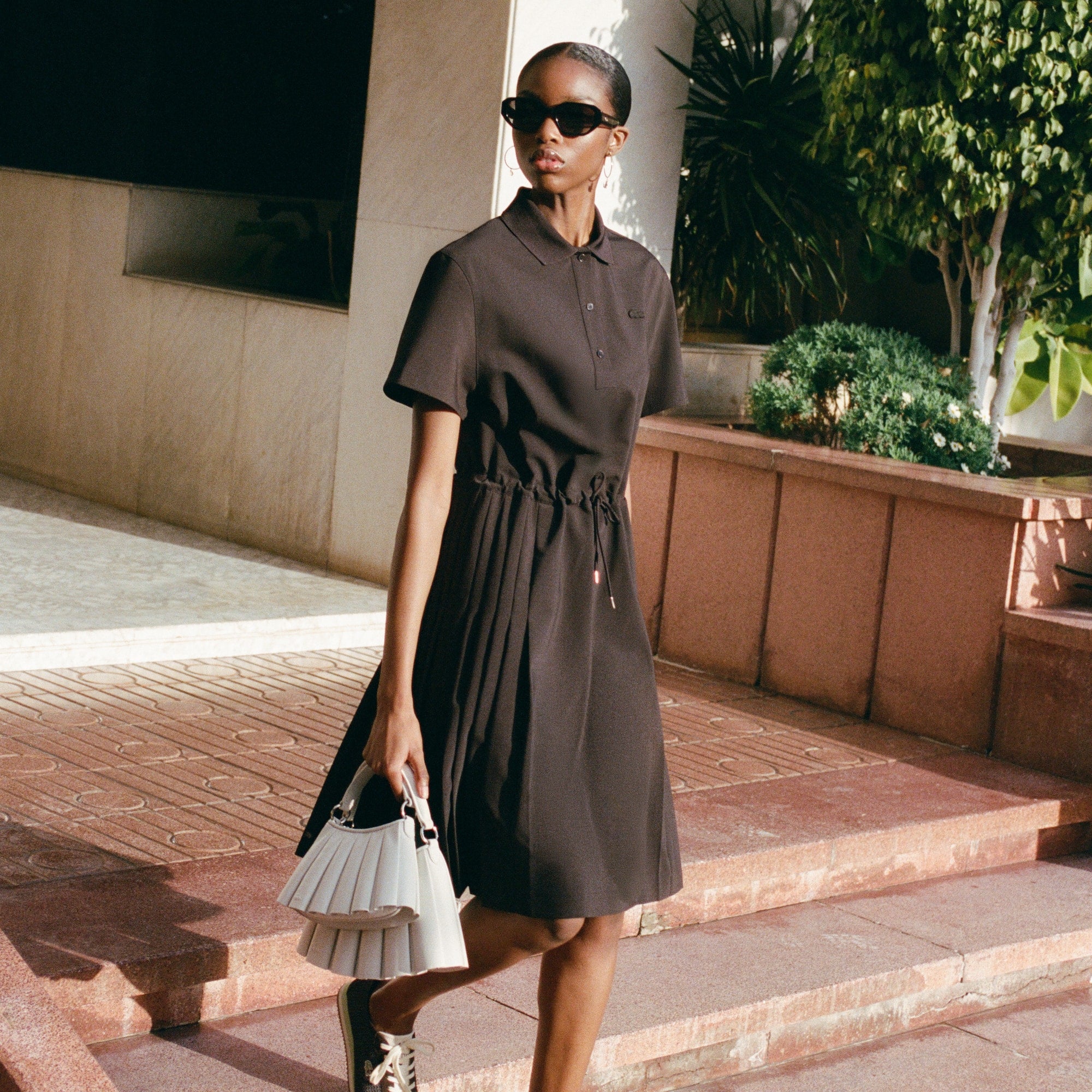 Wool blend Pleated Polo Dress - Brown
