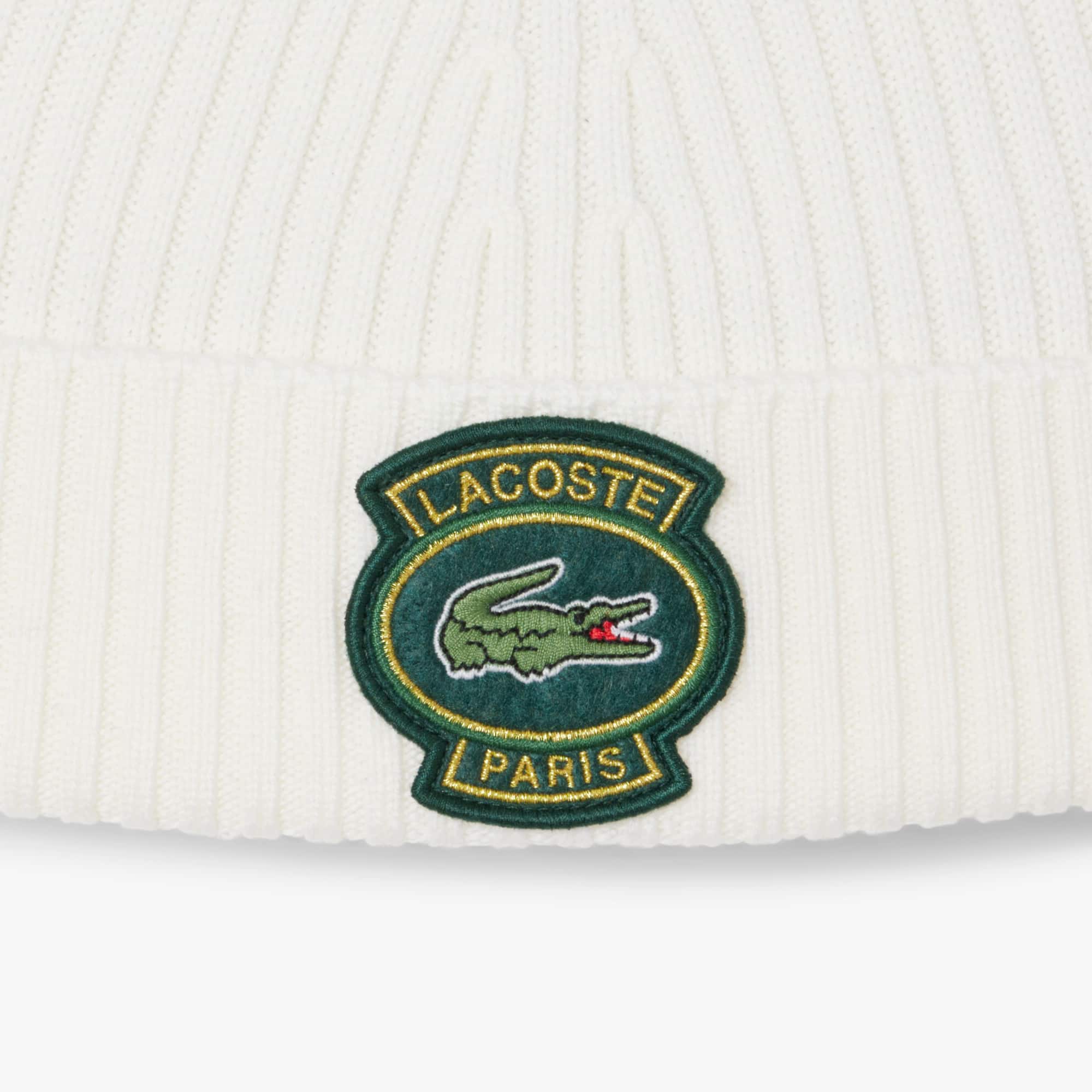 Unisex Ribbed Wool Badge Beanie - White