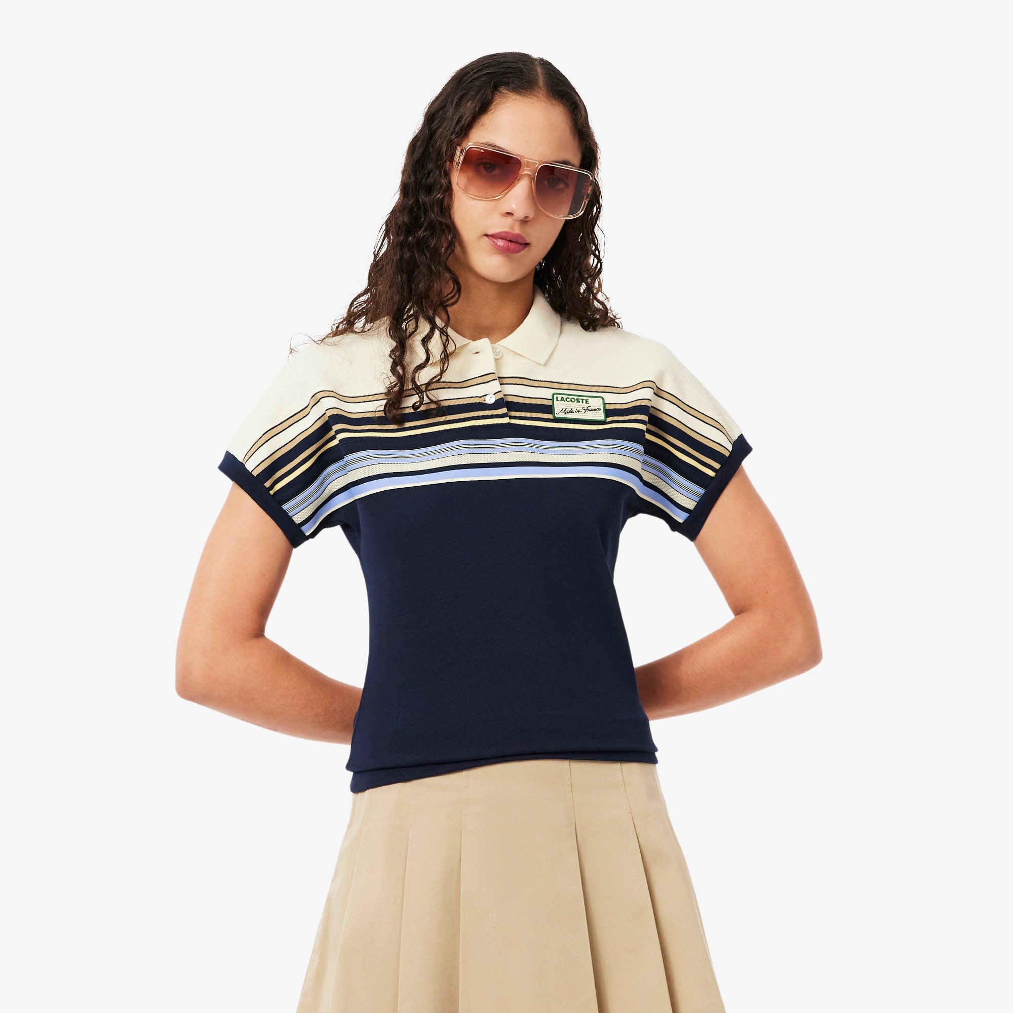 Women's Made In France Slim Fit Striped Polo - Navy Blue / White