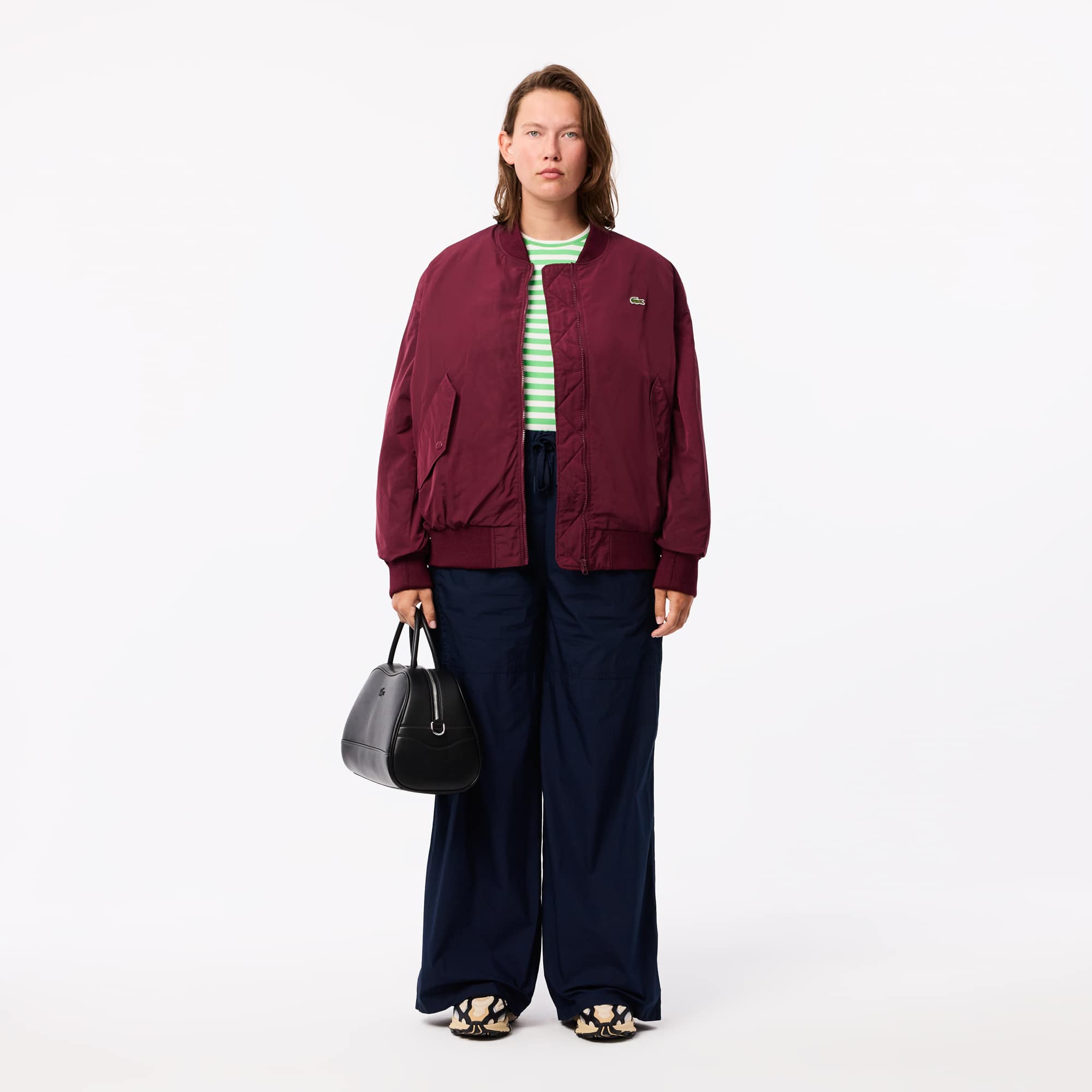 Women's Oversized Ribbed Cuff Bomber Jacket - Bordeaux