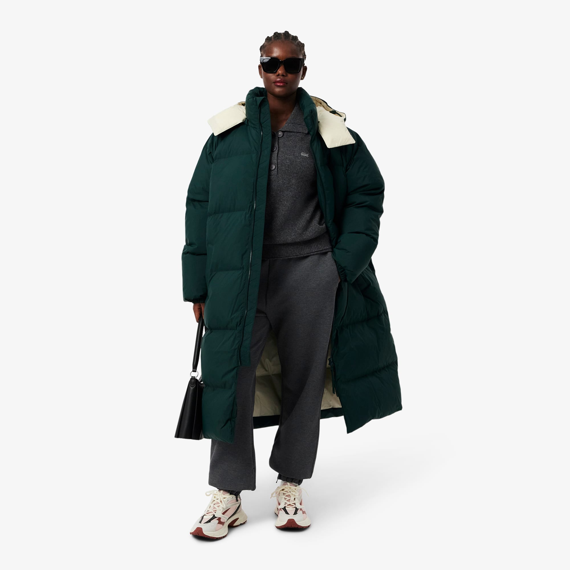 Women's Long Oversized Down Jacket - Green / White