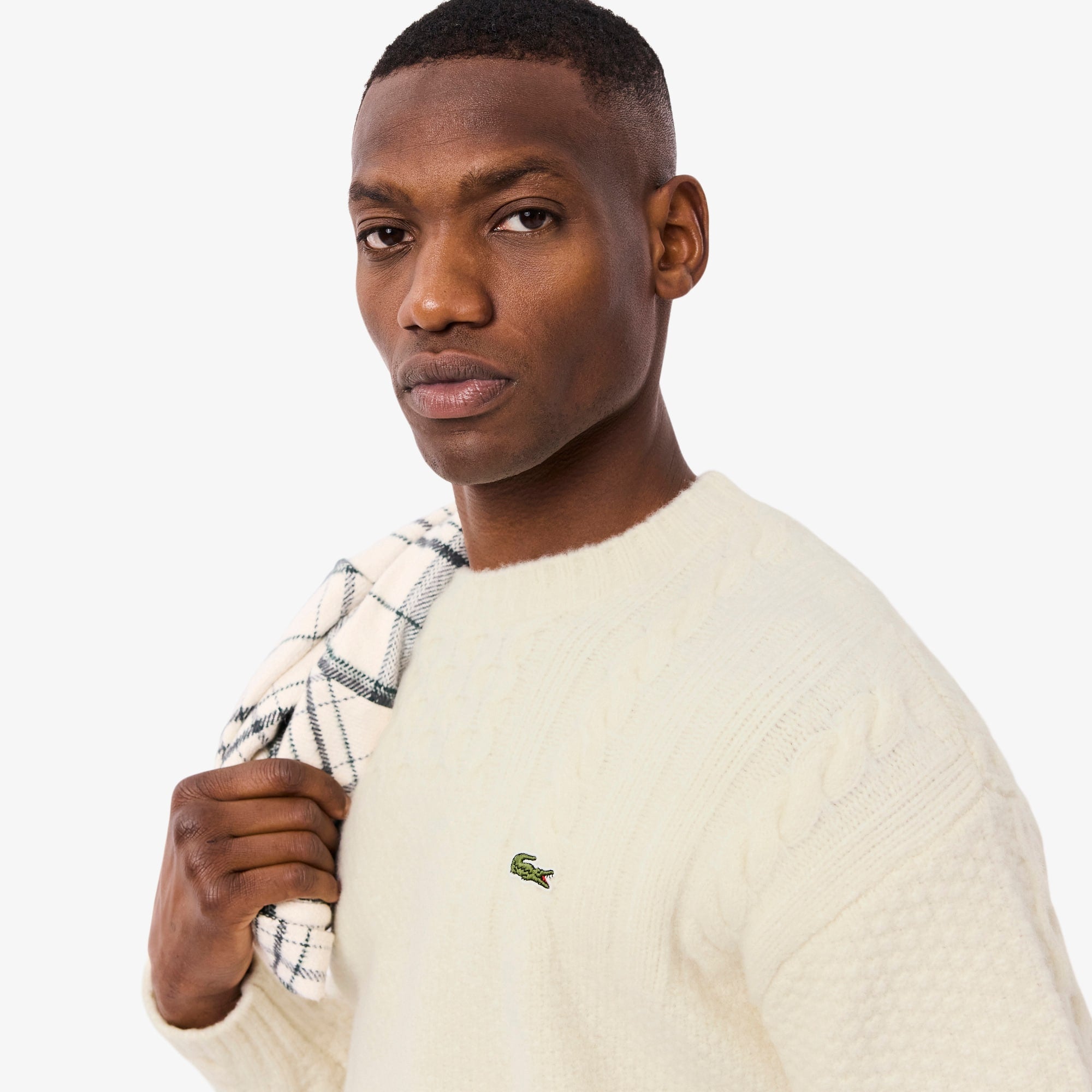 Men's Relaxed Fit Patchwork Effect Wool Sweater - Cream