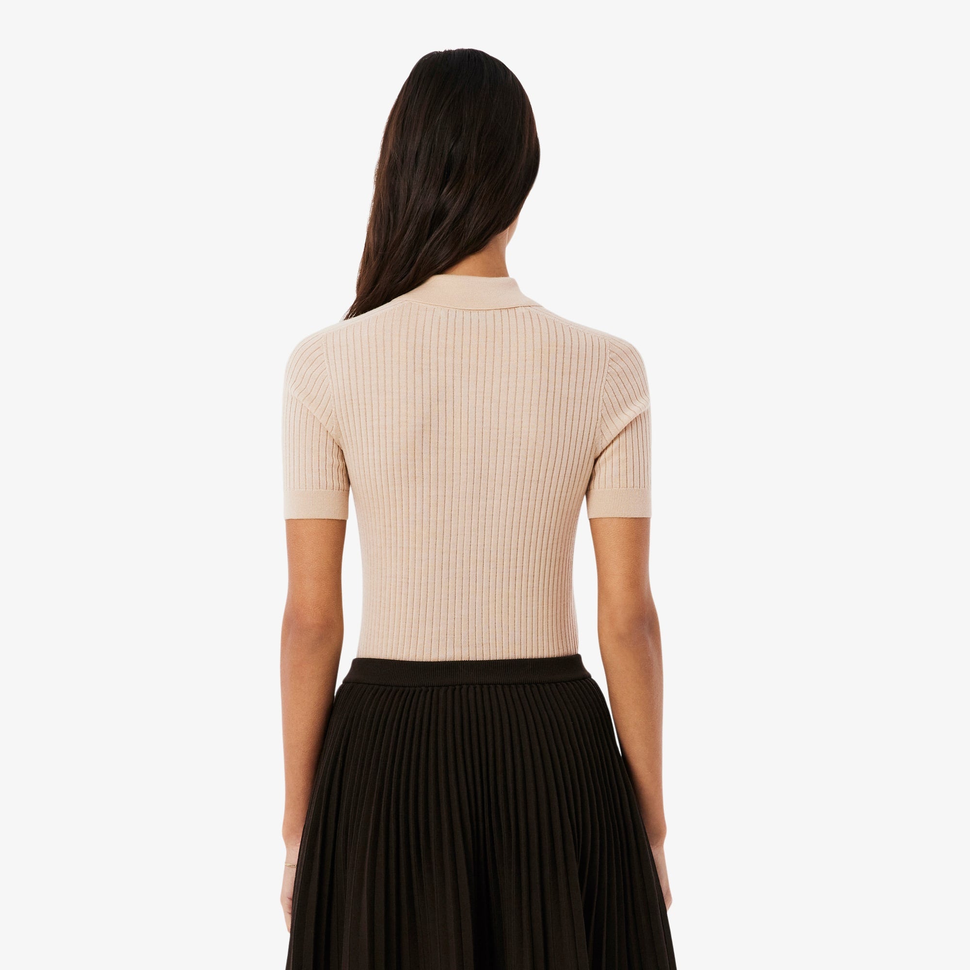 3D Rib Knit Polo Collar Merino Wool Sweater - Beige