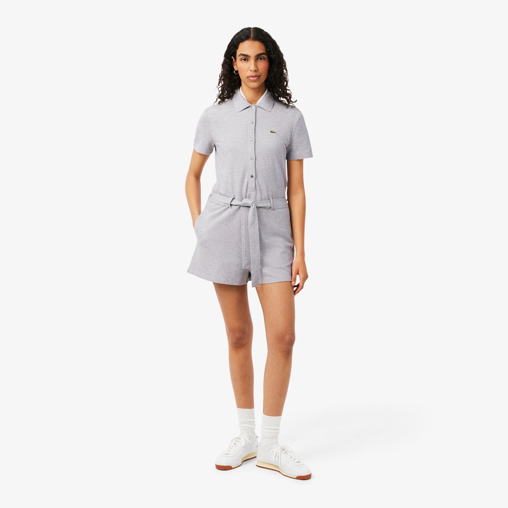 Stretch Piqué Polo Collar Romper - Grey Chine