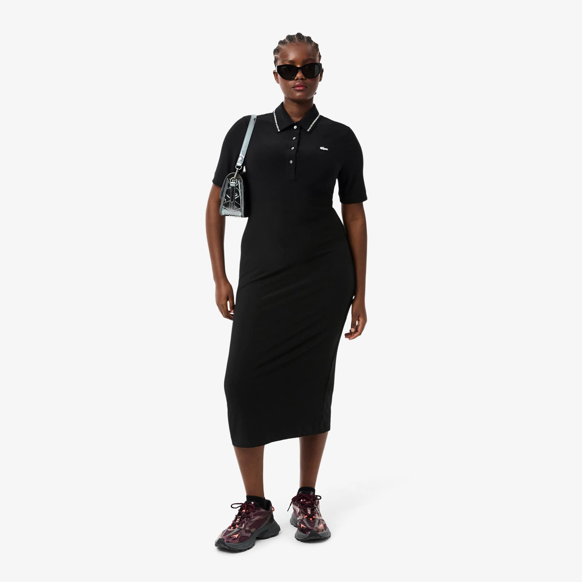 Women's Slim Fit Diamanté Polo Collar Dress - Black