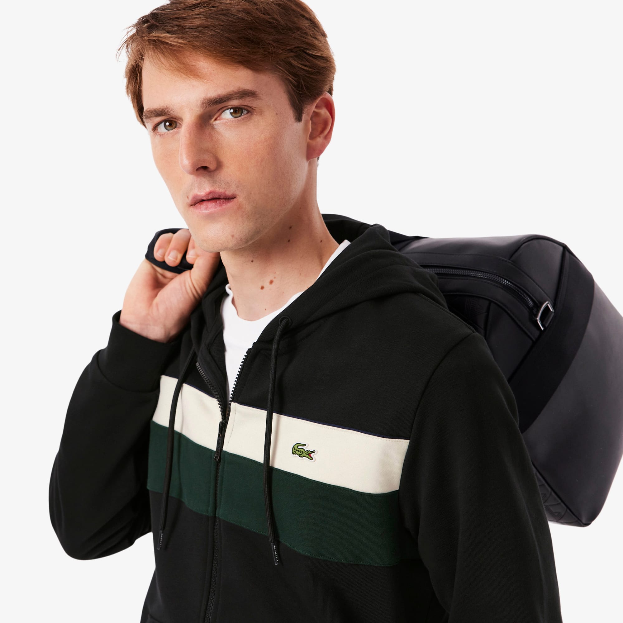 Men's Zip-Up Colorblock Hoodie - Black / White / Green