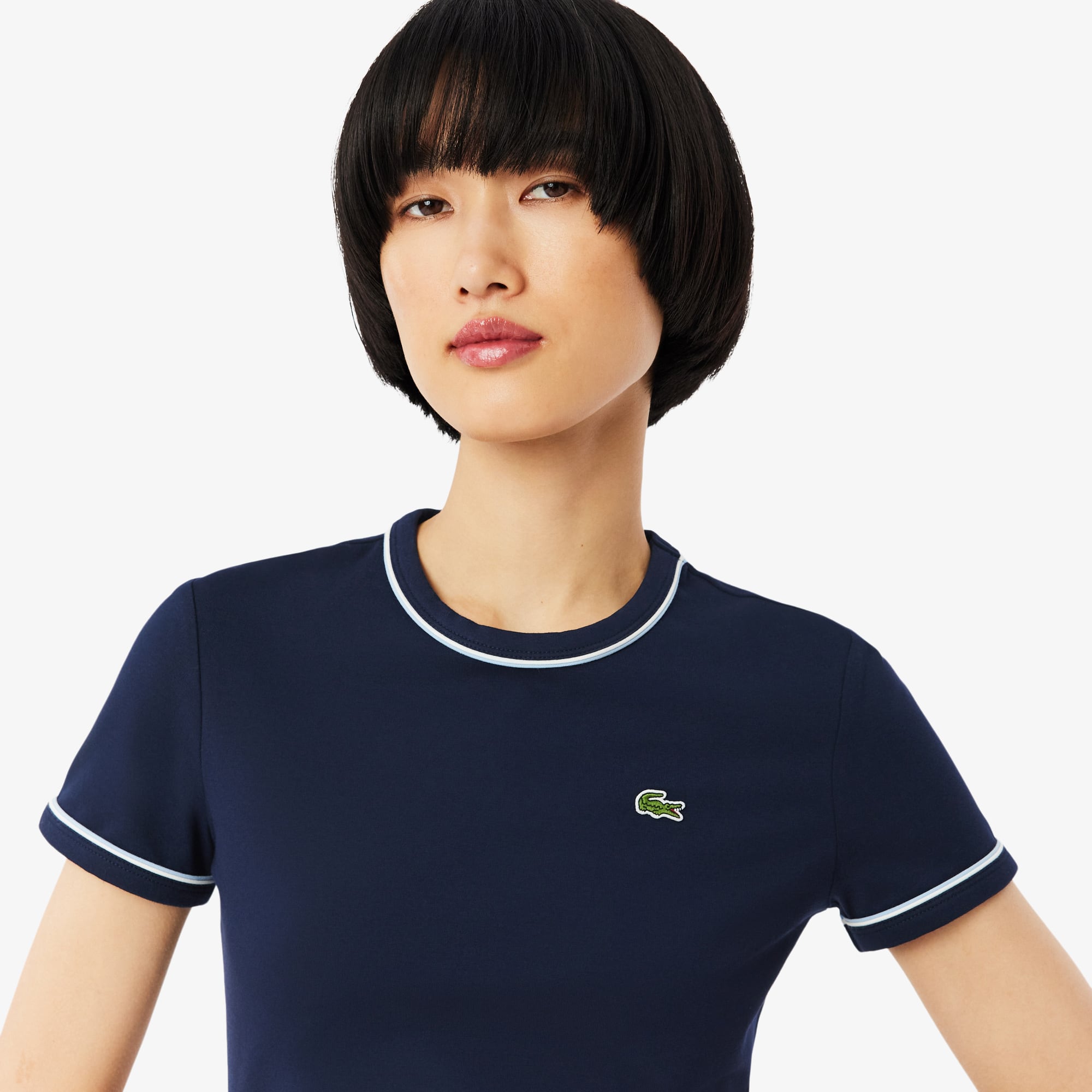 Women's Contrast Trim Jersey T-Shirt - Bleu Marine / Bleu Clair / Blanc
