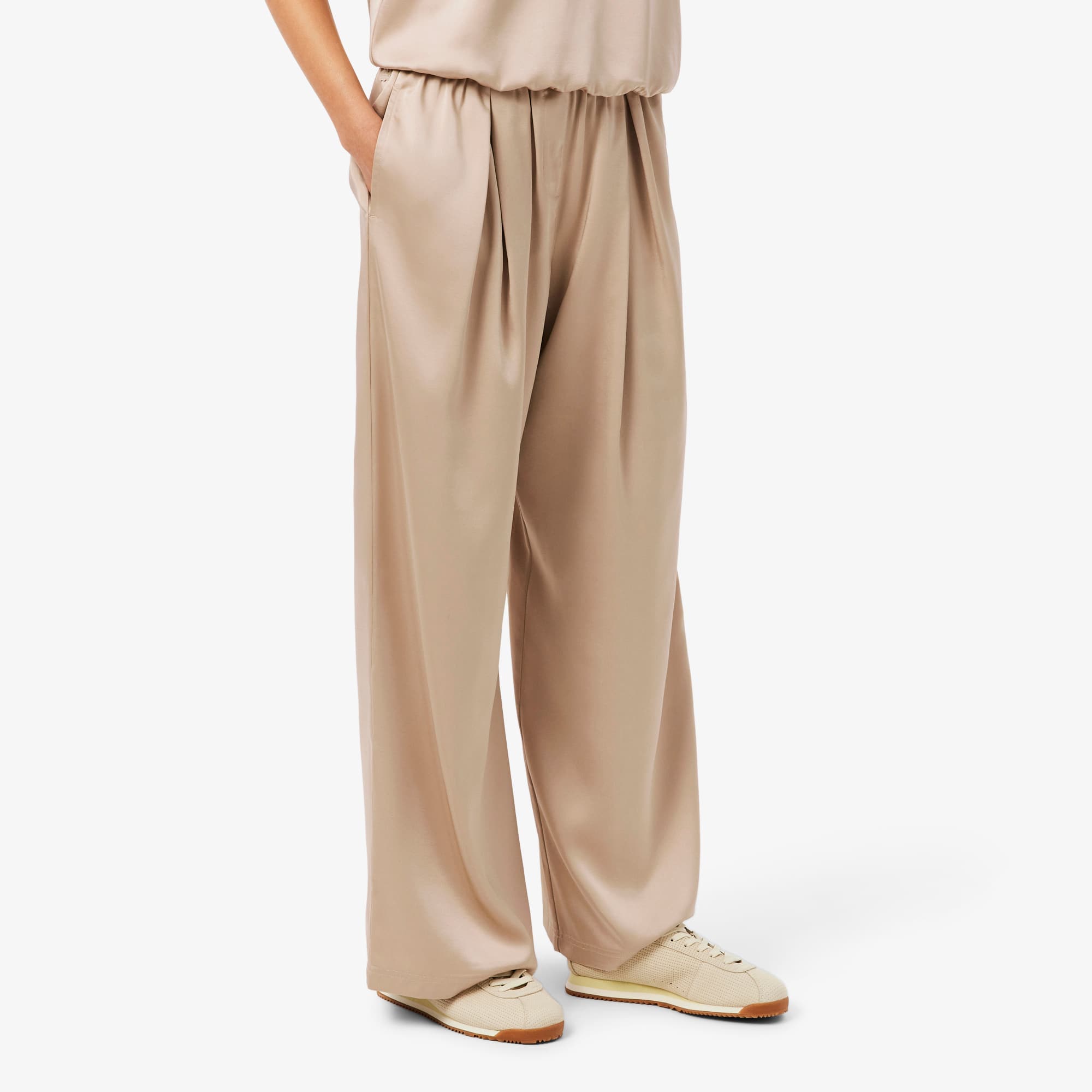 Oversized Elasticated Satin Pants - Beige