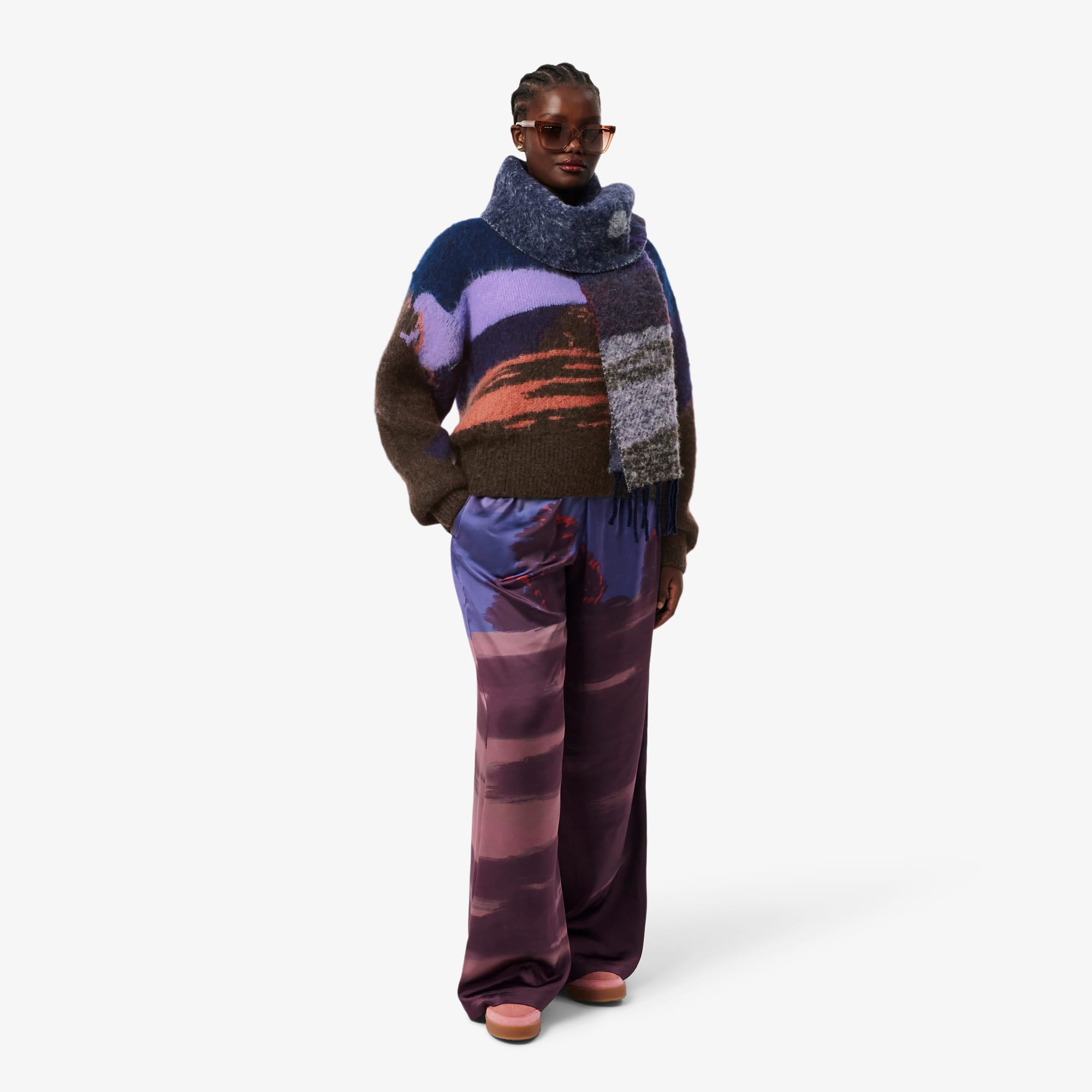 Women's Landscape Wool Sweater - Blue / Brown / Purple / Light Pink
