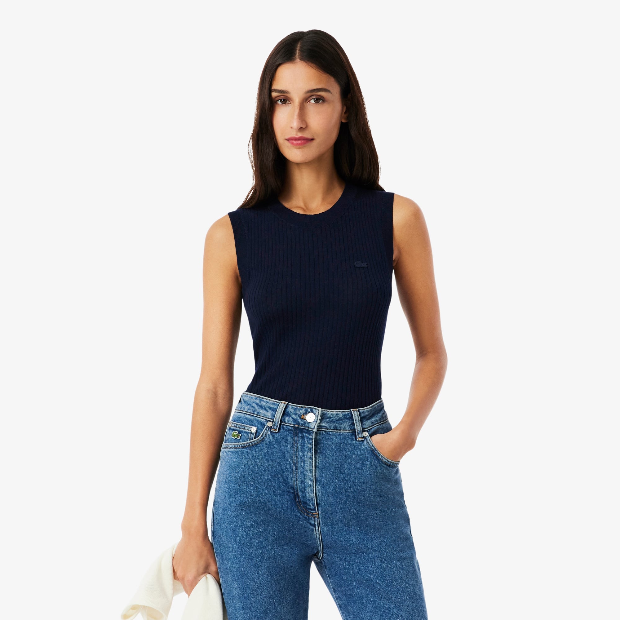 Merino Wool 3D Knit Sleeveless Sweater - Navy Blue